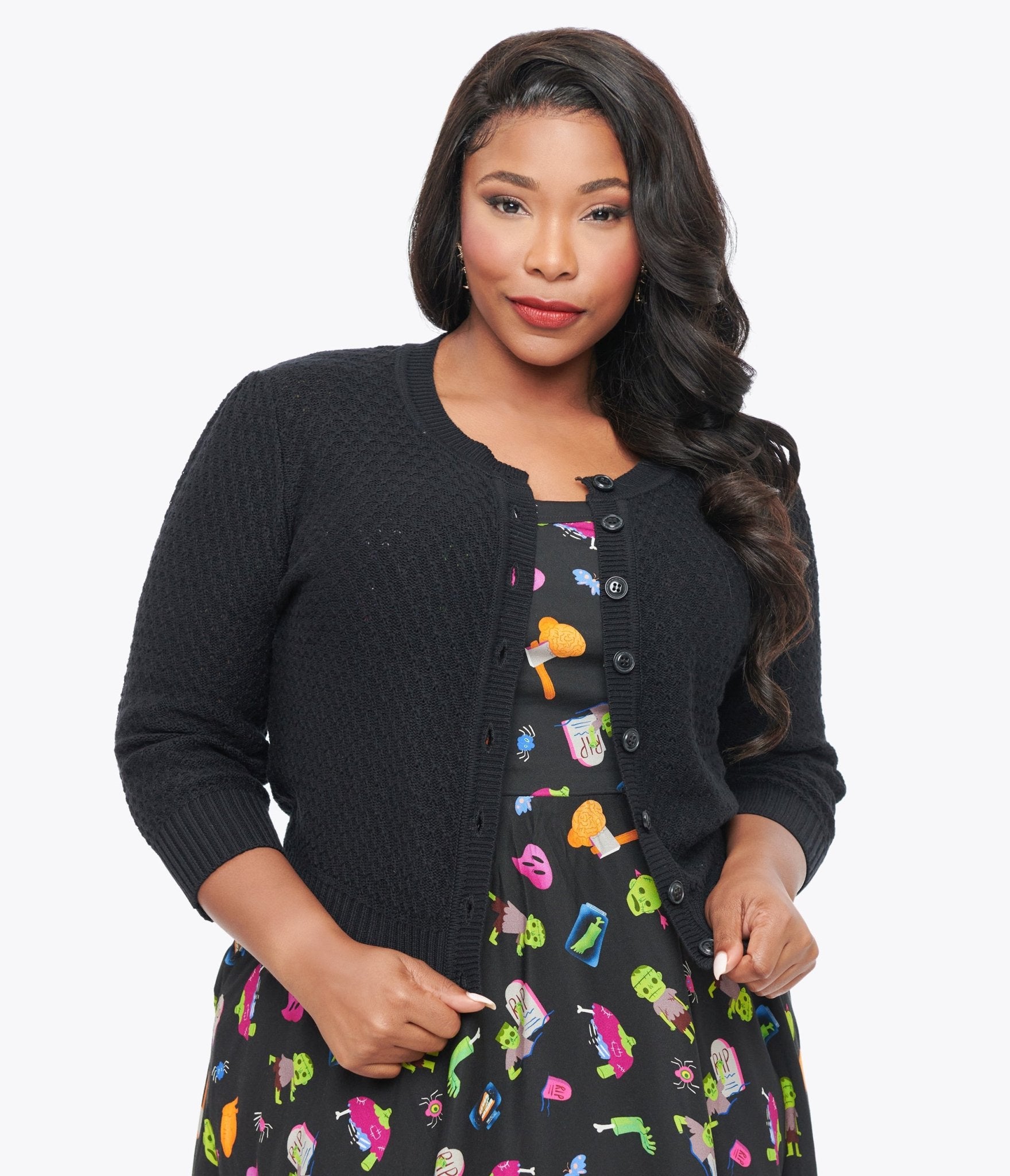 Plus Size Retro Black Cotton Crochet Sleeve Button Cardigan for Women - Vintage Boho Chic Open Front Sweater for Casual Wear & Office Outfits