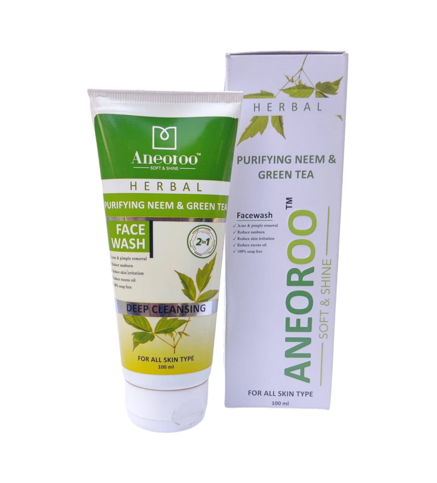 Aneoroo Herbal Neem & Green Tea Face Wash 100ml - Deep Cleansing for All Skin Types | Pack of 2 | Gentle Daily Cleanser for Acne, Oily & Sensitive Skin | Perfect for Morning & Night Skincare Routine