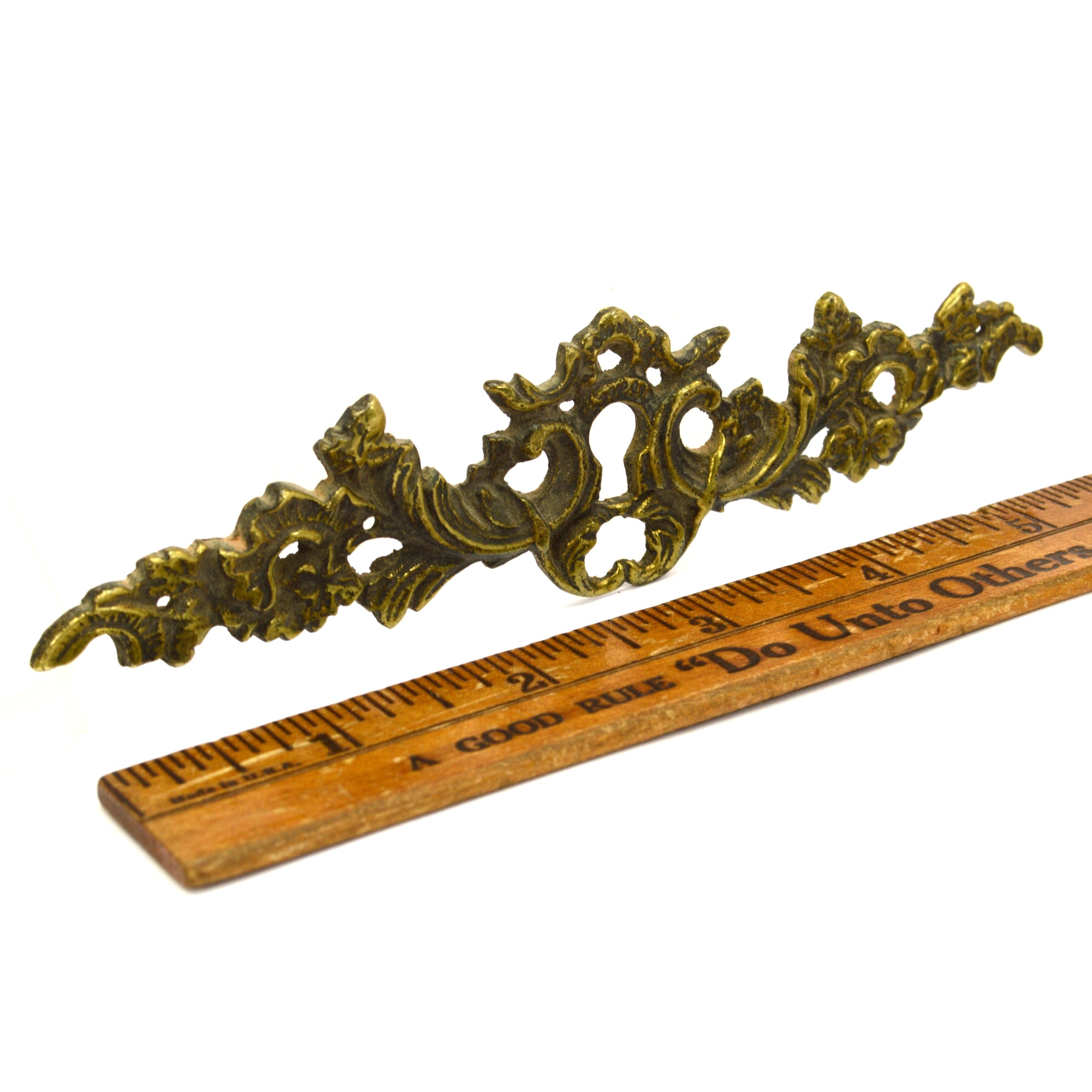 Antique Solid Brass Escutcheon - 6 Inch Horizontal Ornate Keyhole Cover with 330 Marking - Perfect for Vintage Doors, Cabinets & Restoration Projects