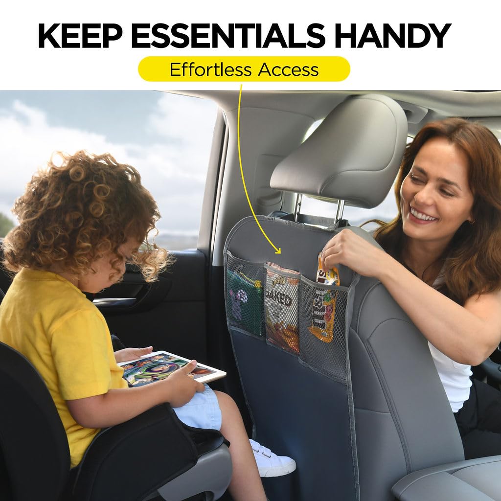 Lebogner 2-Pack X-Large Back Seat Cover for Kids with 3-Pocket Storage Organizer - Multifunctional Car Seat Protector for Vehicles, Prevents Dirt & Scuffs (Grey) - Perfect for Family Road Trips, School Runs & Pet Transport