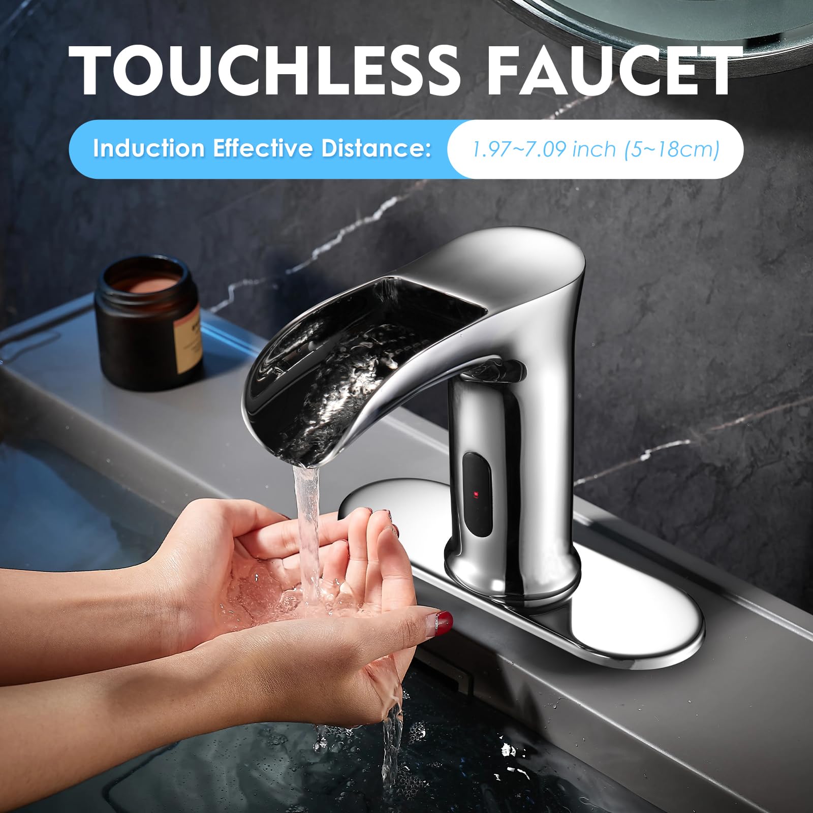 Automatic Touchless Sensor Waterfall Bathroom Sink Faucet - Modern Hands-Free Electronic Lavatory Faucet with Control Box & Temperature Mixer - Perfect for Home, Hotel, and Public Restrooms (Chrome Finish)