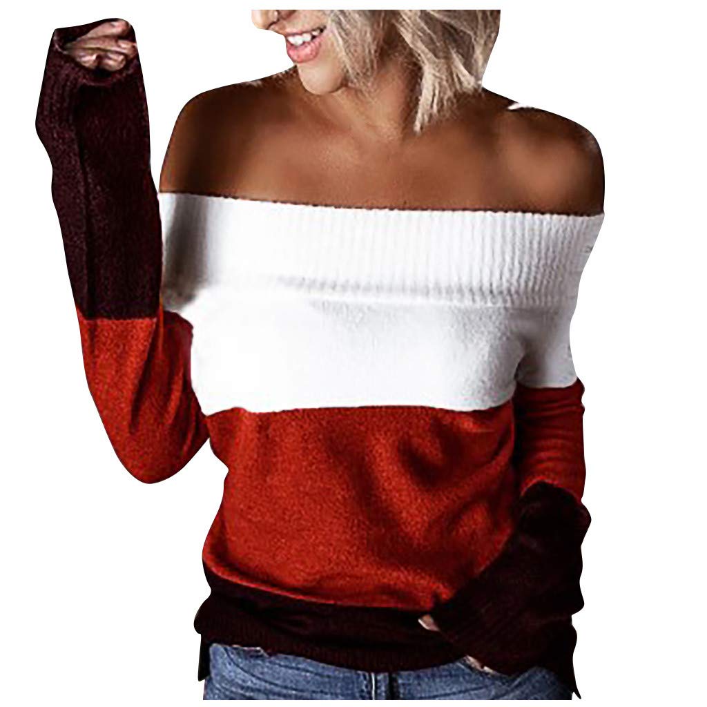 Oversized Off Shoulder Long Sleeve Colorblock Sweater - Loose Knit Jumper Pullover Top for Women | Cozy Winter Fashion, Casual Outfit, Layering Essential