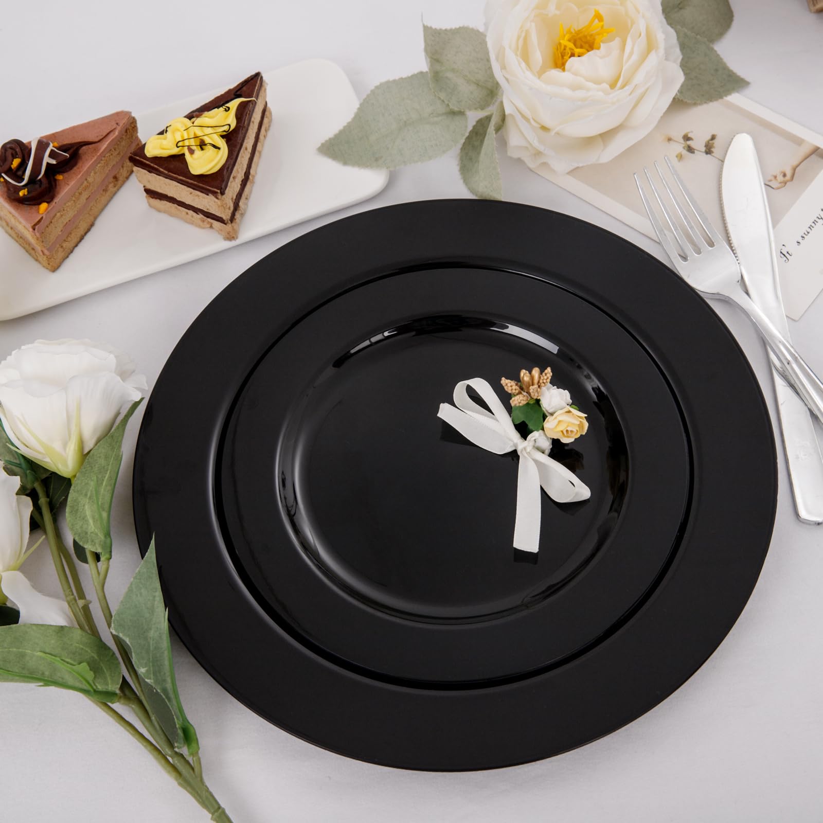 FLOWERCAT 60-Pack Heavy Duty Black Plastic Plates Set - 30PCS 10.25