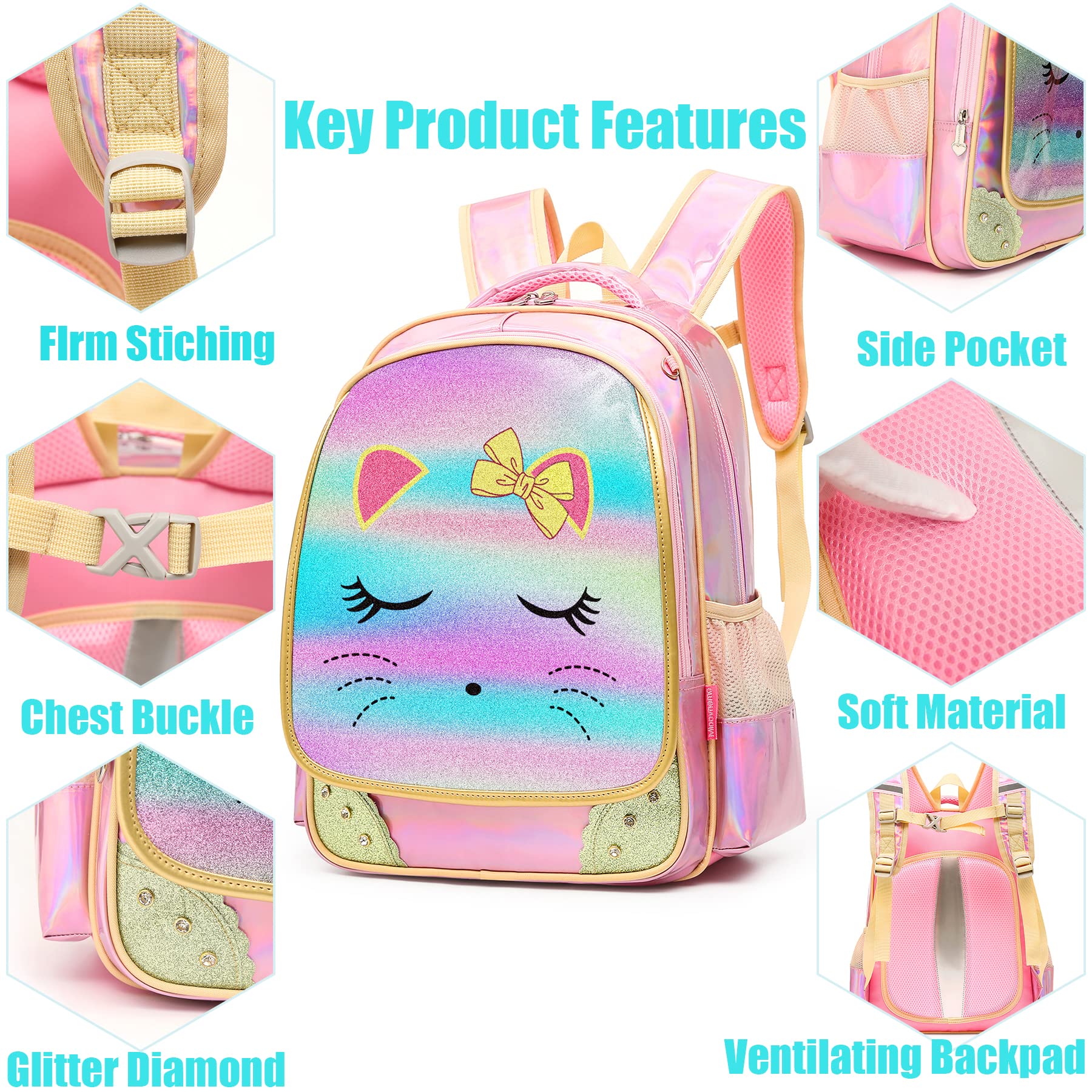 **Dorlubel Cute Cat Face Glitter Backpack for Girls - Kids School Backpack with Diamond Design, Lightweight Book Bag for Elementary Students (Pink & Green Set) - Perfect for School, Travel & Daily Use**