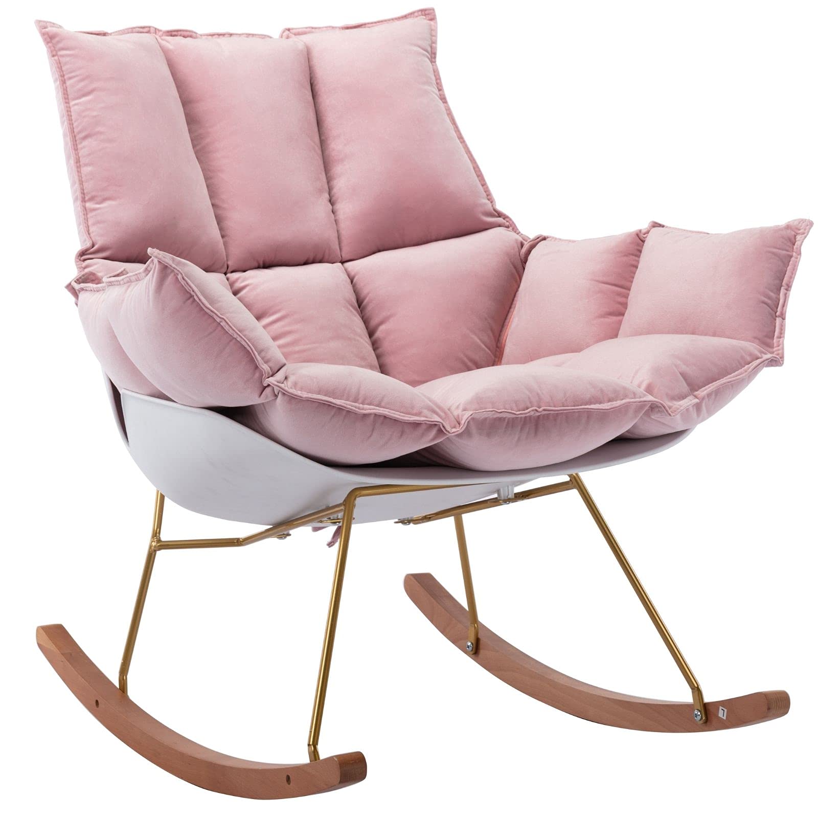 HEAH-YO Modern Velvet Rocking Chair - Upholstered Lounge Rocker with Tufted Pads, Accent Arm Chair for Nursery, Living Room, Bedroom & Office - Comfortable Pink Relaxing Chair for Reading, Nursing & Lounging