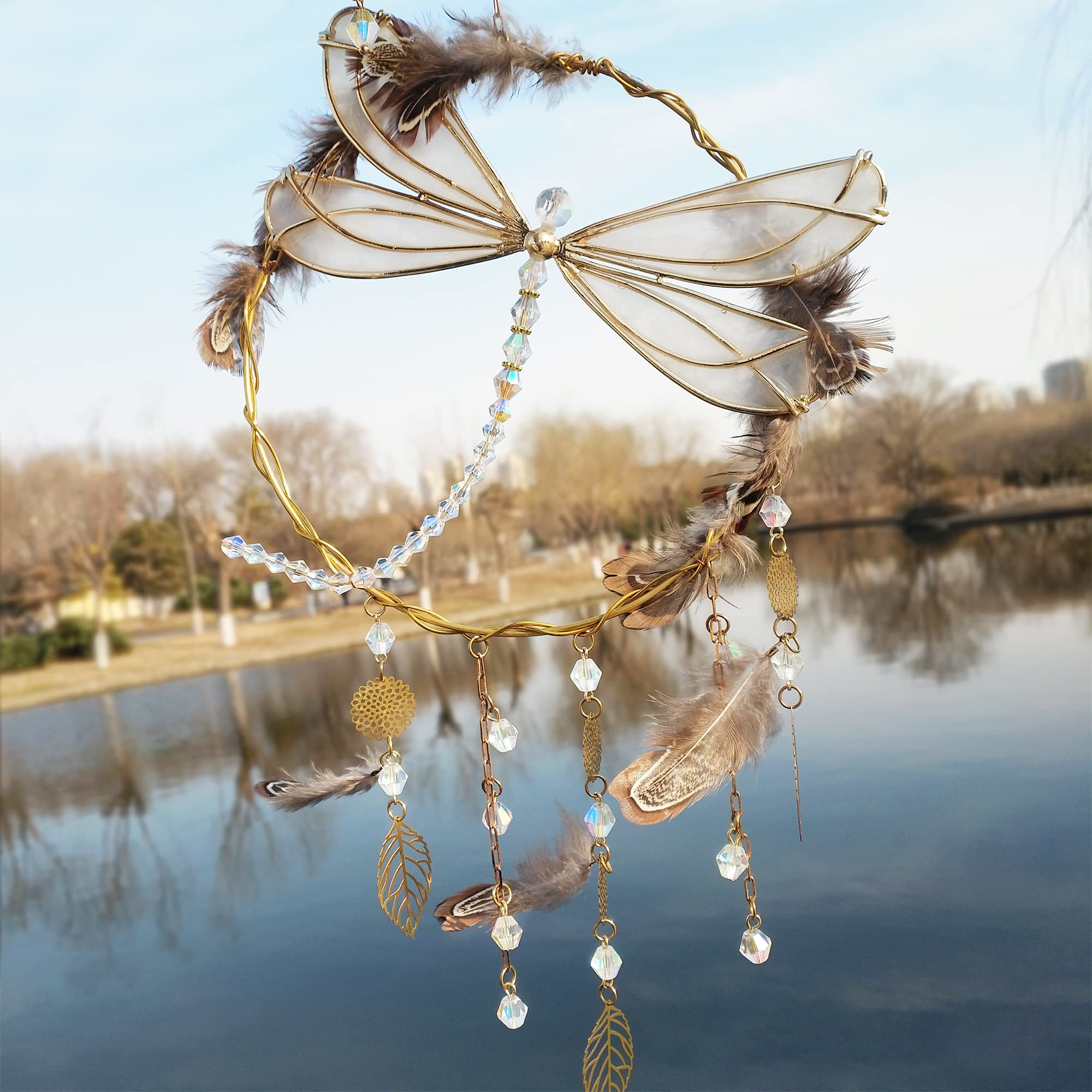 WEISIPU Dragonfly Hanging Ornament - Rainbow Maker Crystal Suncatcher for Home, Garden, Window, Christmas Tree Decor - Feather Wind Chime for Outdoor & Indoor Decoration