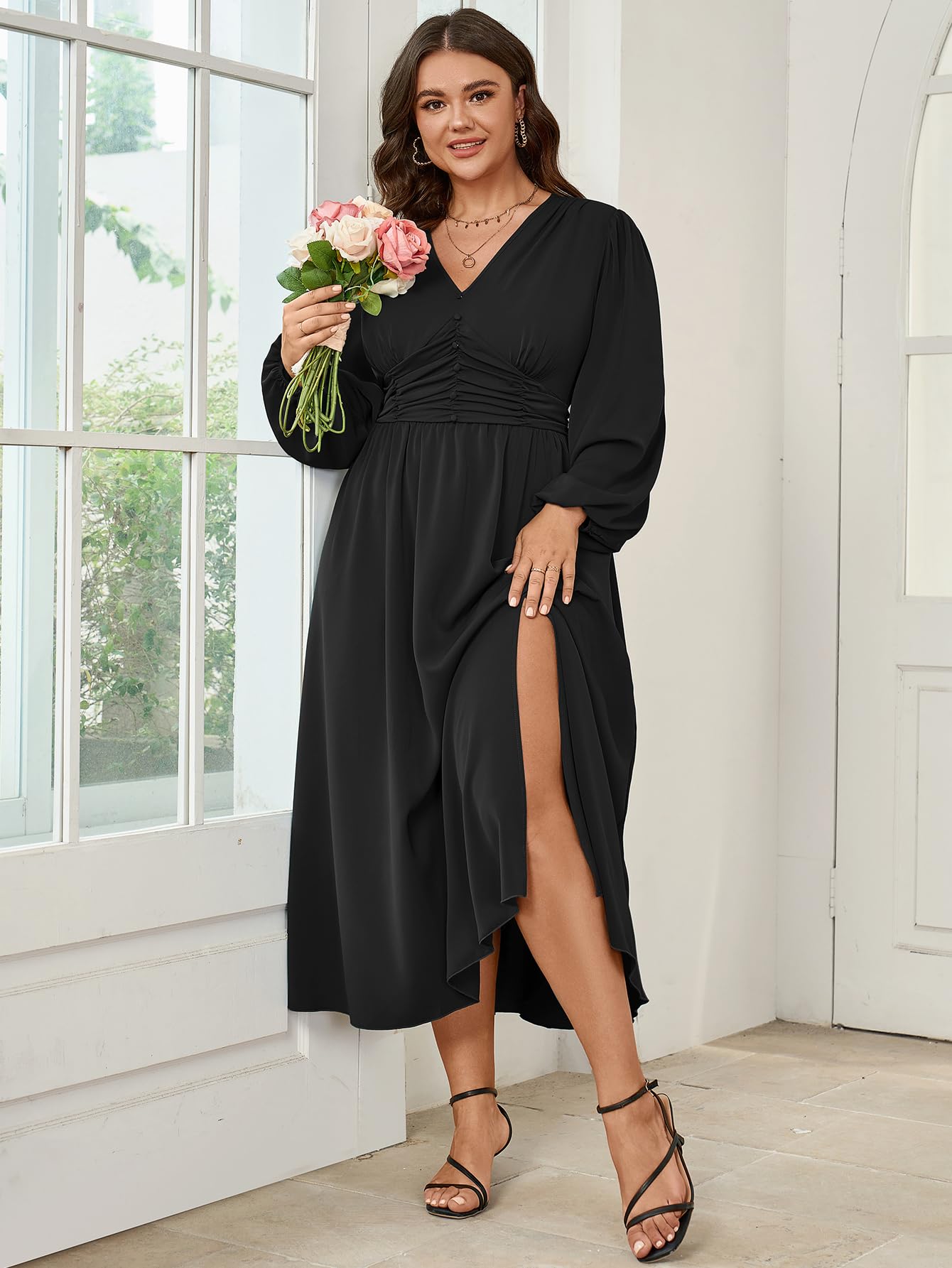 Plus Size Wedding Guest Cocktail Dress for Women - Long Sleeve V-Neck A-Line Maxi Dress with Elastic Waist & Side Slit | Perfect for Formal Events, Parties & Special Occasions