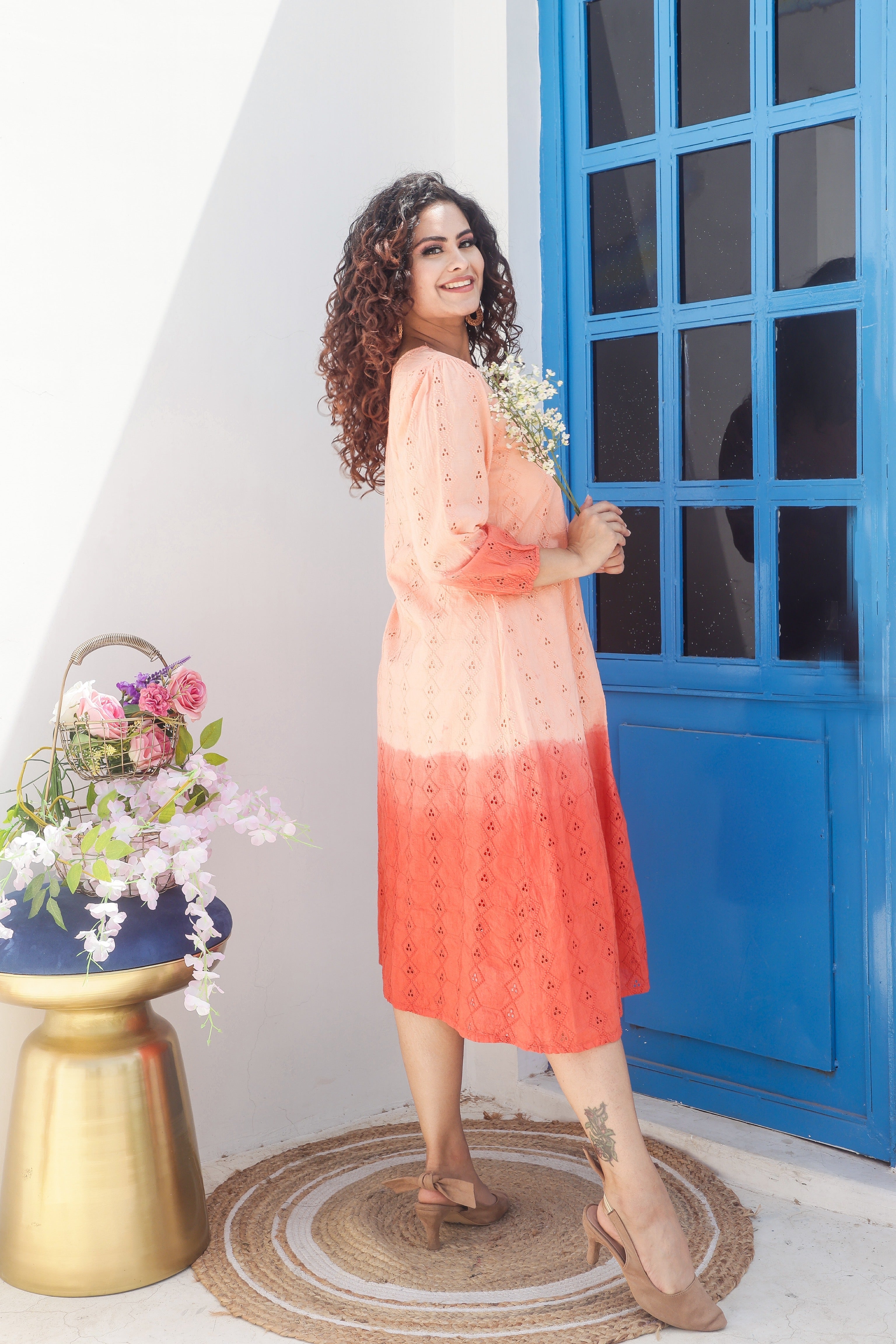 Stylish Peach Schiffli Tie-Dye Dress for Women - Boho Summer Dress for Beach, Vacation & Casual Outings