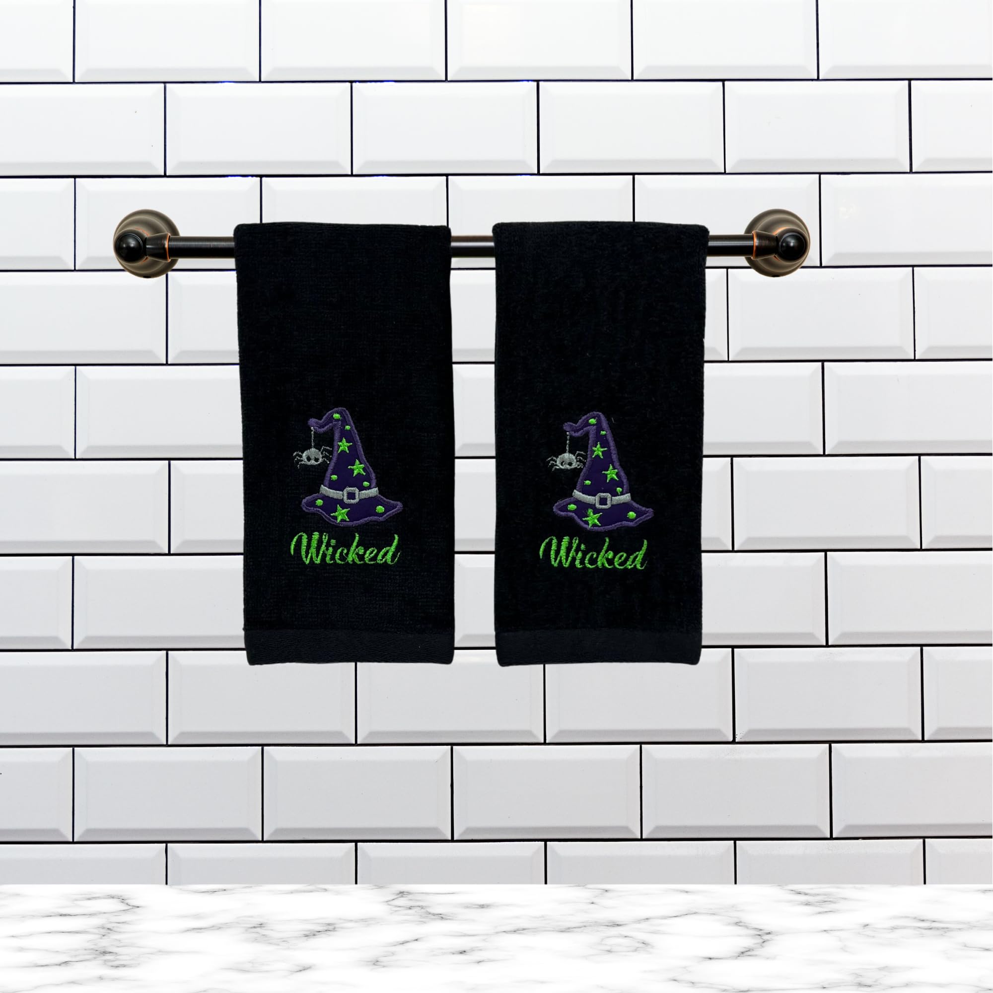 Serafina Home Halloween Fingertip Towels - 2-Piece Black Plush Bathroom Towel Set with Embroidered Witch Hat Design (12x18 Inches) | Spooky Bath Decor for Halloween Parties & Witch-Themed Home Decor