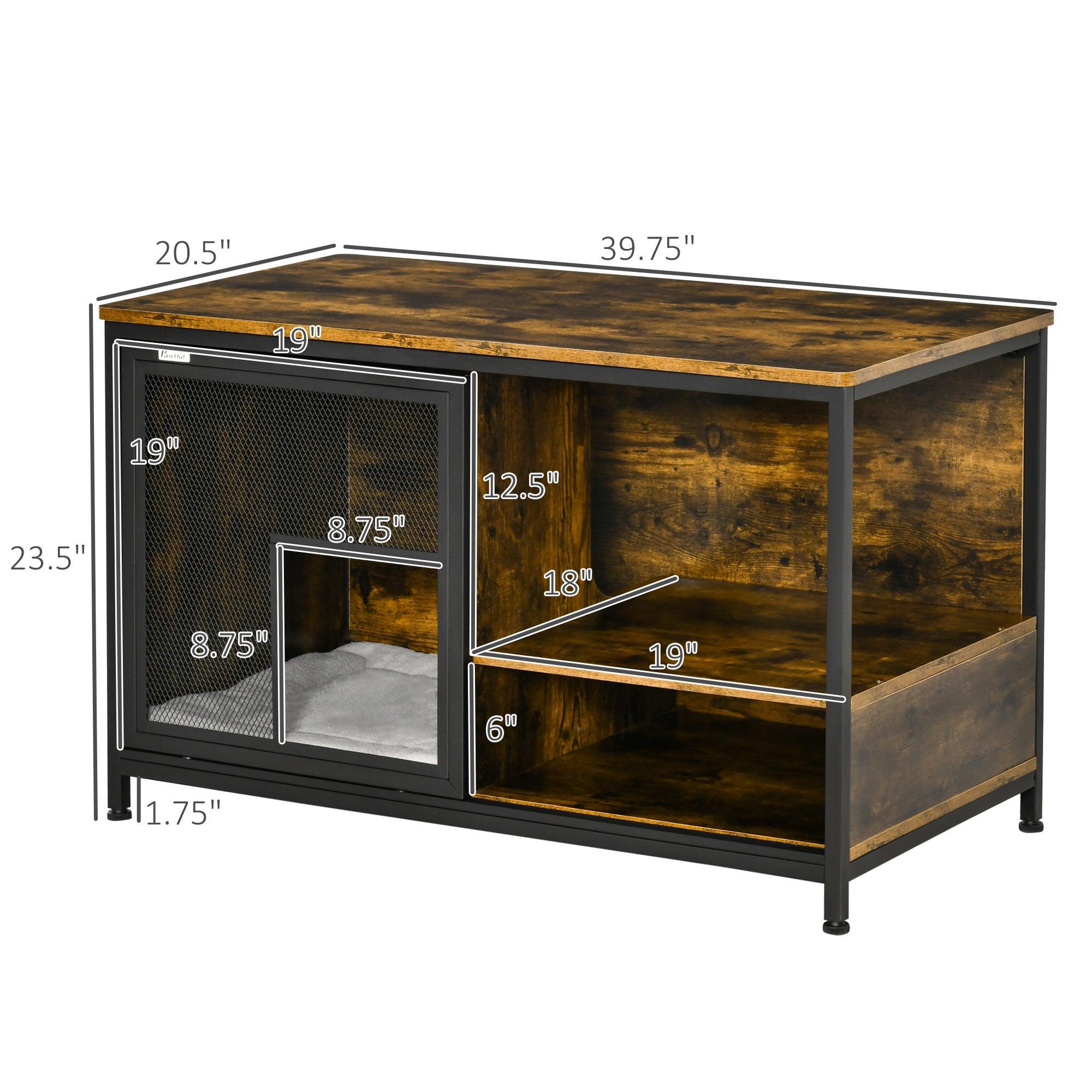 Stylish Wood & Steel Pet House - Cat Kennel & Dog Cage with Cushion, Sliding Doors - Rustic Brown End Table for Living Room, Bedroom Decor