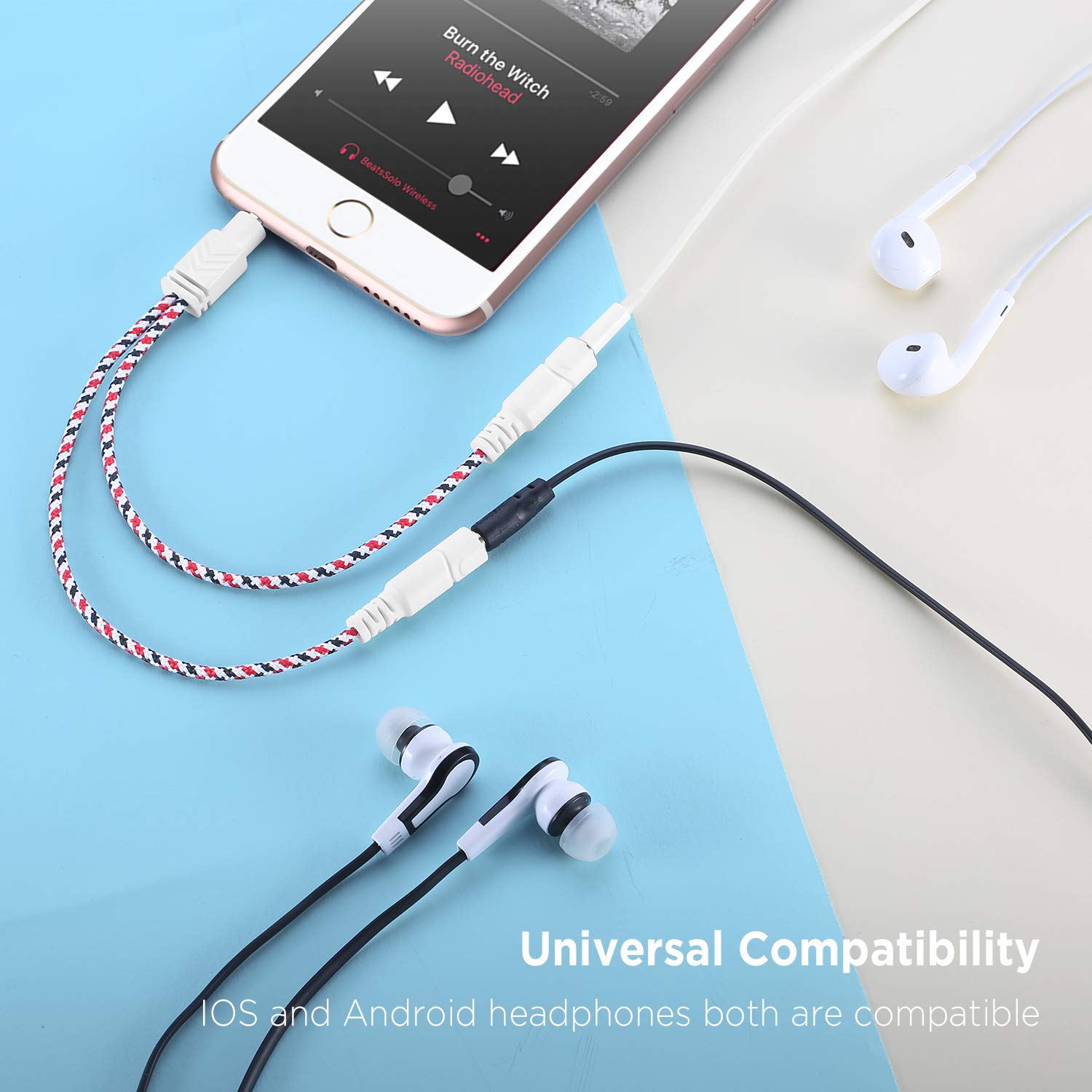 Premium DUKABEL 3.5mm Headphone Splitter Cable - Gold Plated Stereo Audio Y Adapter with Braided Nylon - Compatible with iPhone, Android, Smartphones, Tablets & More (0.85ft/26cm) - Perfect for Sharing Music, Gaming & Online Classes