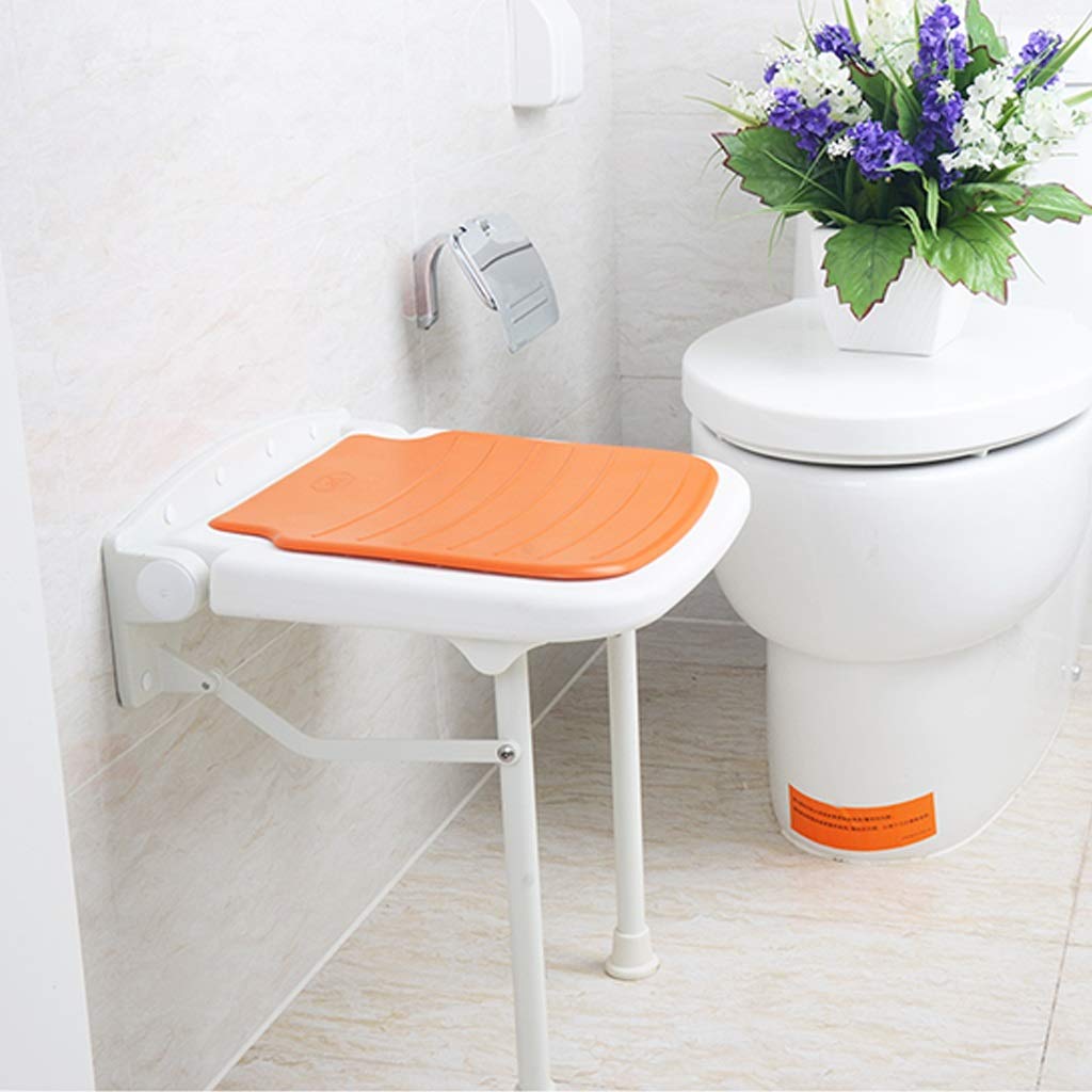 Foldable Wall-Mounted Shower Seat - Adjustable Height 47.5cm Bath Chair with Sturdy Metal Legs | Non-Slip Orange Shower Bench for Elderly & Disabled | Perfect for Small Bathrooms & Assisted Living Spaces