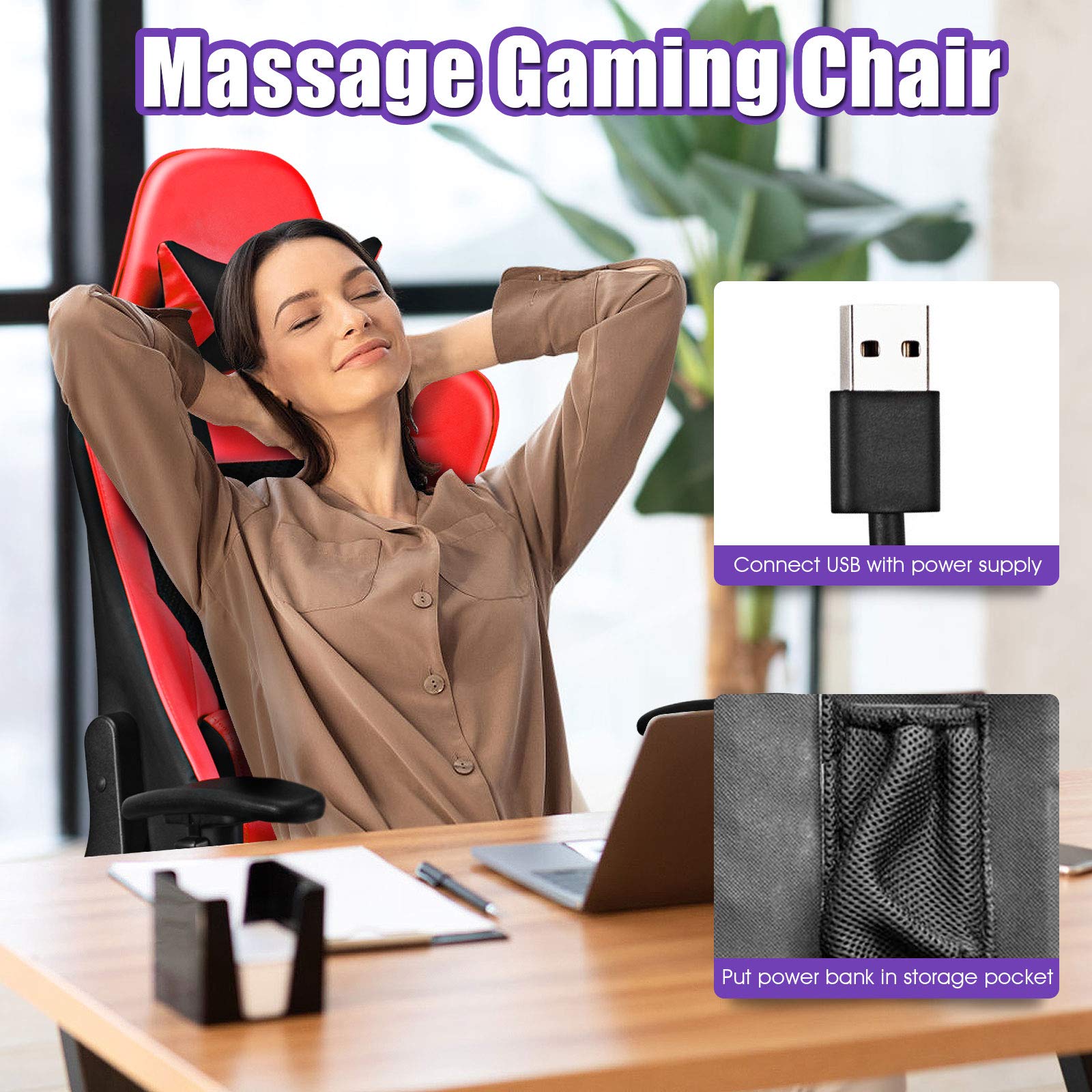 Giantex Ergonomic Massage Gaming Chair with Footrest - High Back PU Leather E-Sport Computer Chair with Adjustable Headrest & Lumbar Support - Perfect for Video Gaming, Office Work & Home Relaxation (Red)