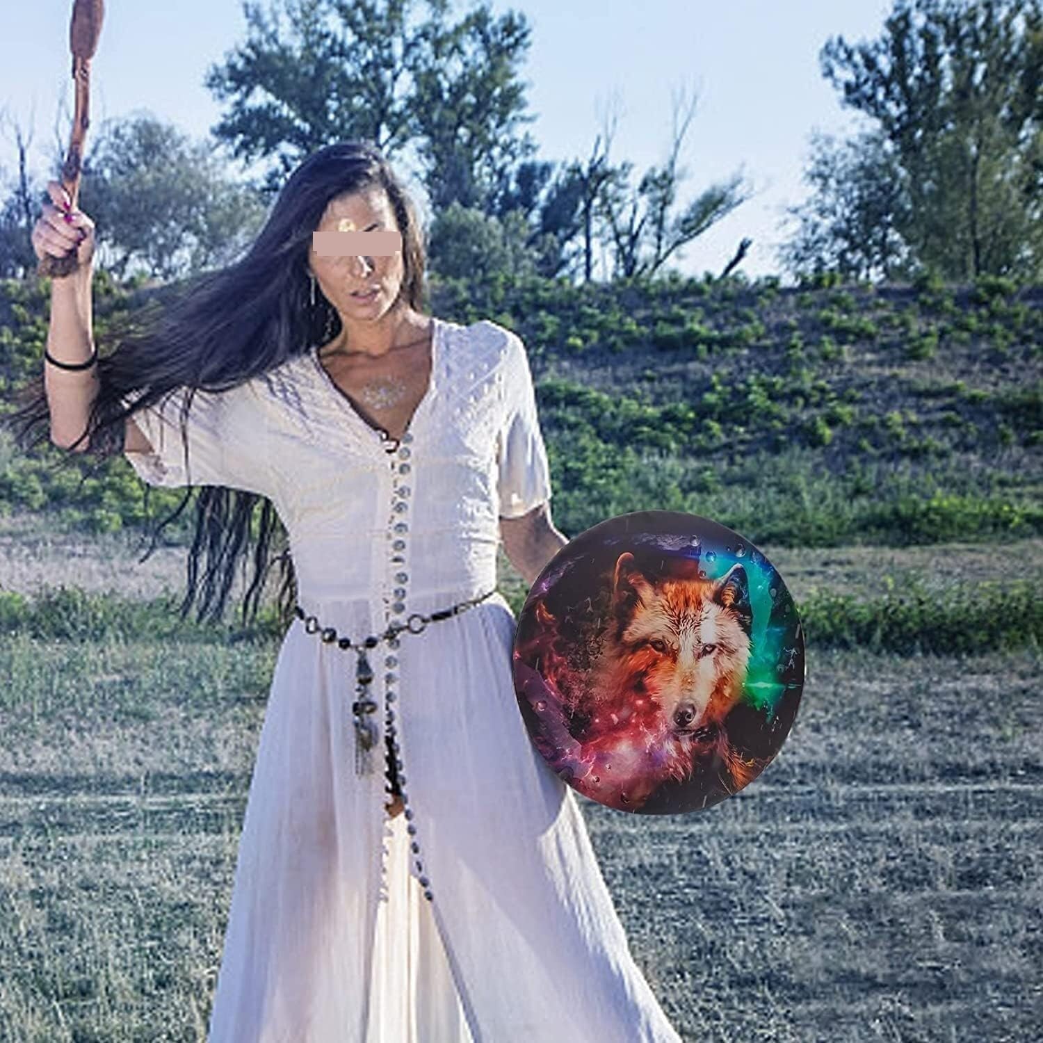 Handmade Shaman Drum with Holy Wolf Totem - Authentic Native American Style Hand Drum with Drumsticks - Perfect for Meditation, Rituals & Spiritual Healing