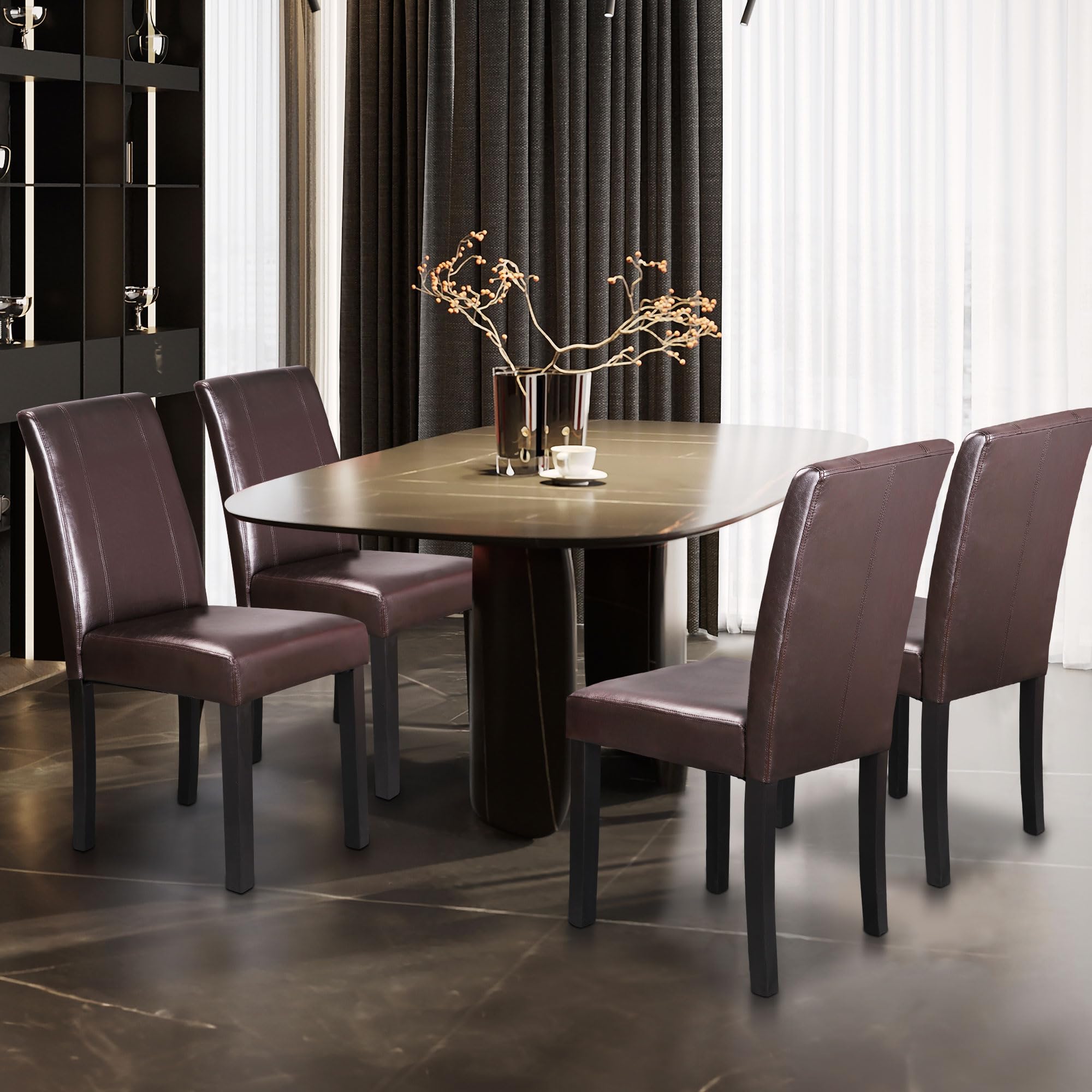4-Piece Faux Leather Dining Chair Set with Wooden Legs - Waterproof, Oilproof & Stain-Resistant - Espresso Brown for Kitchen, Dining Room & Restaurant Use