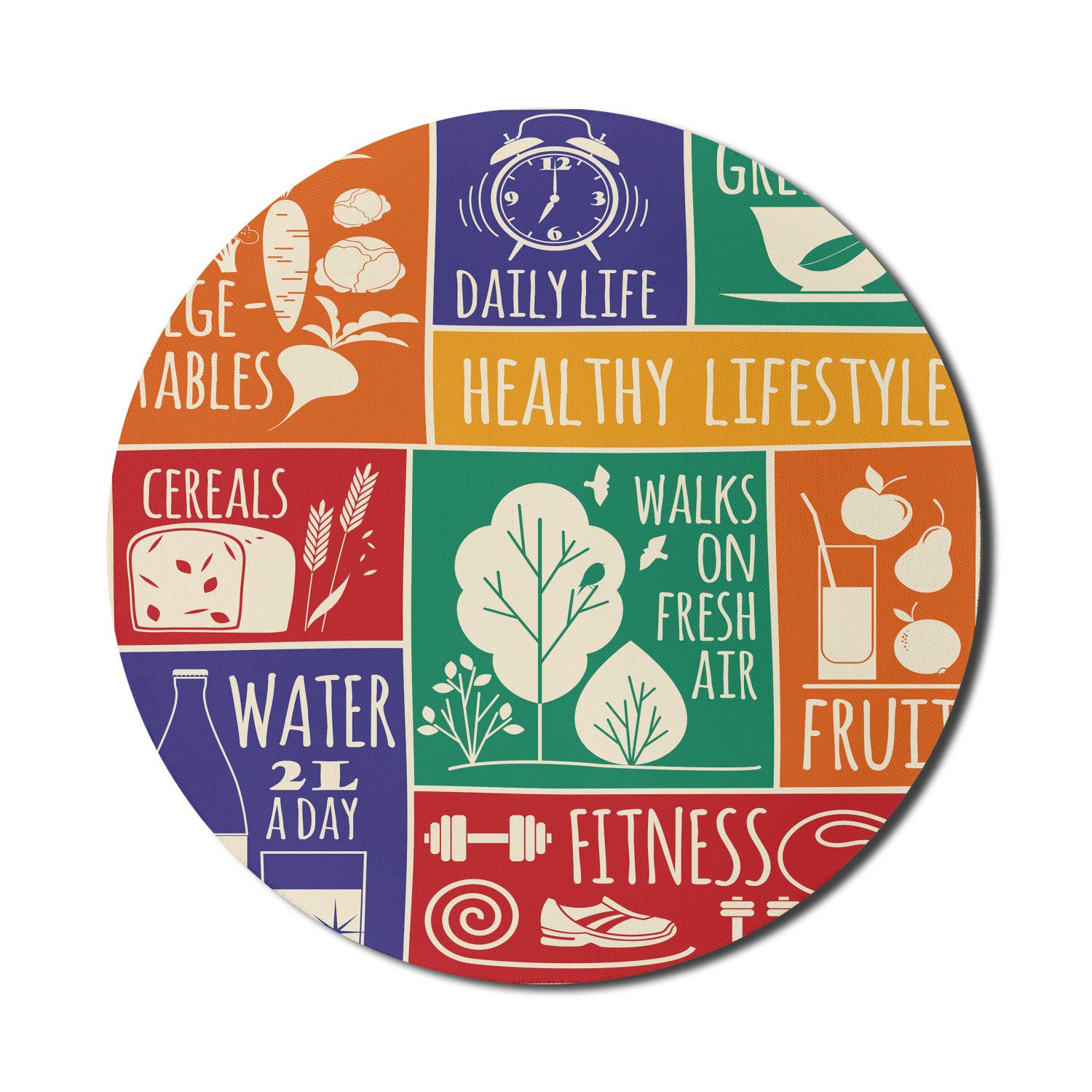 Ambesonne Non-Slip Round Mouse Pad - 8 Inch Colorful Fitness & Gaming Mousepad with Motivational Text & Vegetable Design - Perfect for Office, Home & Gaming Setup