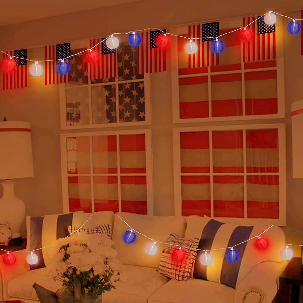 GOOTHY 8.5Ft Patriotic String Lights - 10 Red White Blue Connectable Lanterns for 4th of July, Independence Day & Memorial Day Decor | Outdoor Party Lights for Backyard, Garden & Patio Celebrations