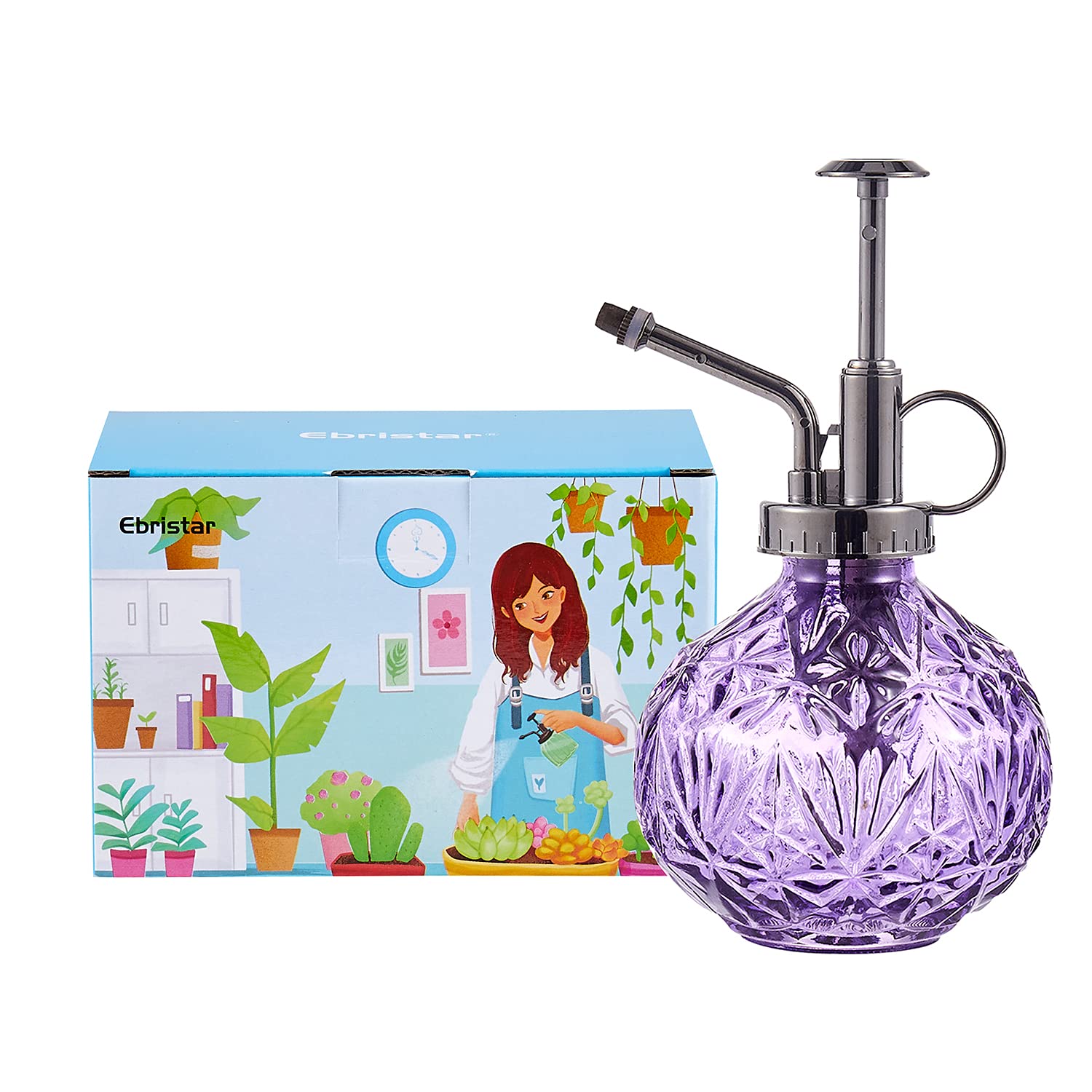 Ebristar Vintage Style Glass Plant Mister - 8oz Succulent Watering Spray Bottle with Plastic Pump Top, Small Watering Can for Indoor & Outdoor Plants (Purple) - Perfect for Hydrating Houseplants, Terrariums, and Herb Gardens