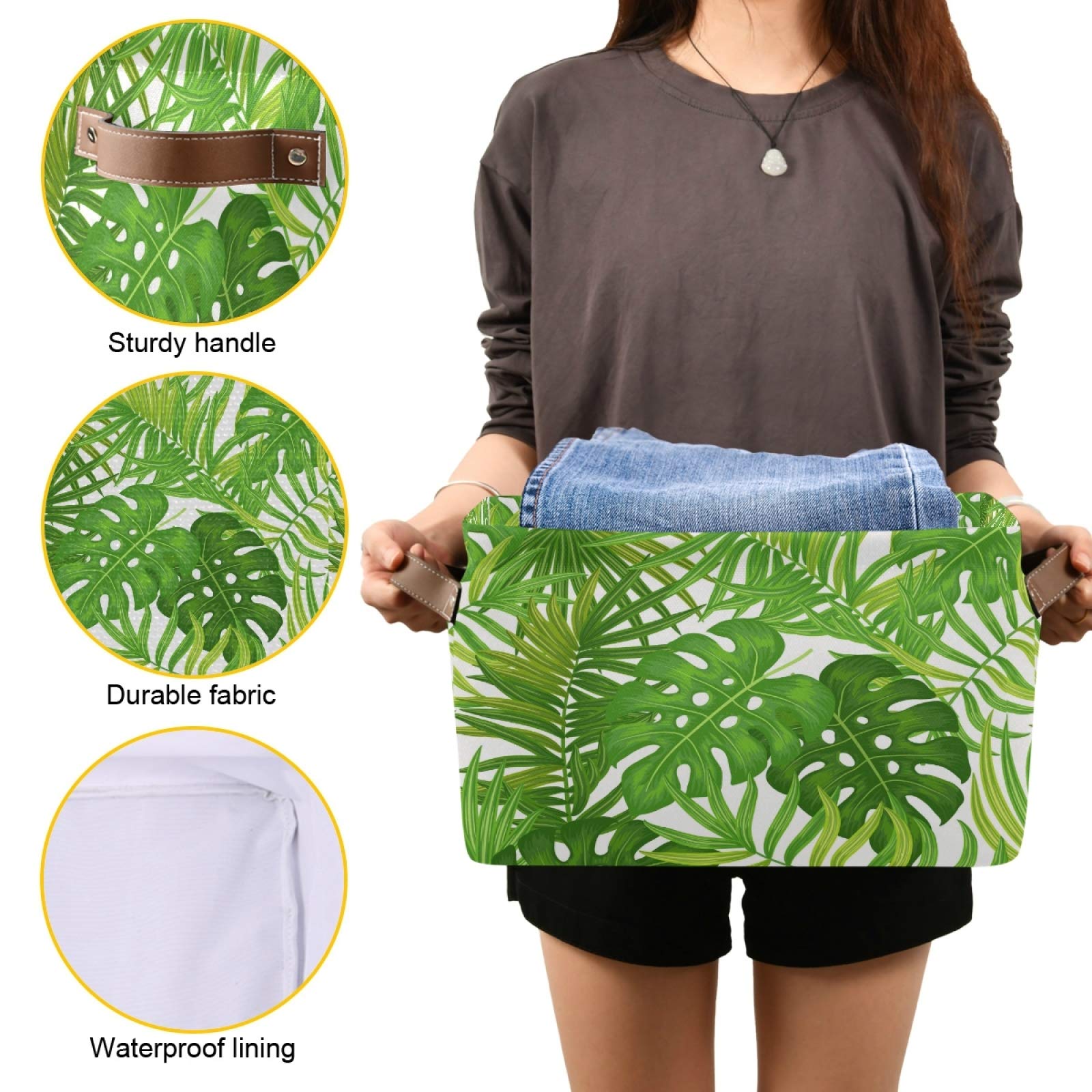 AUUXVA Collapsible Storage Basket with Handles - Tropical Palm Tree & Monstera Leaf Pattern Canvas Organizer Bin for Toys, Clothes & Home Decor | Perfect for Bedroom, Closet, Shelf & Office Organization