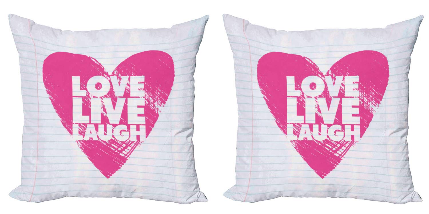 Ambesonne Live Laugh Love Decorative Throw Pillow Covers Set of 2 - 24 Inch Notebook Style with Giant Heart Design - Hot Pink & White - Perfect for Sofa, Bed, Living Room & Home Decor