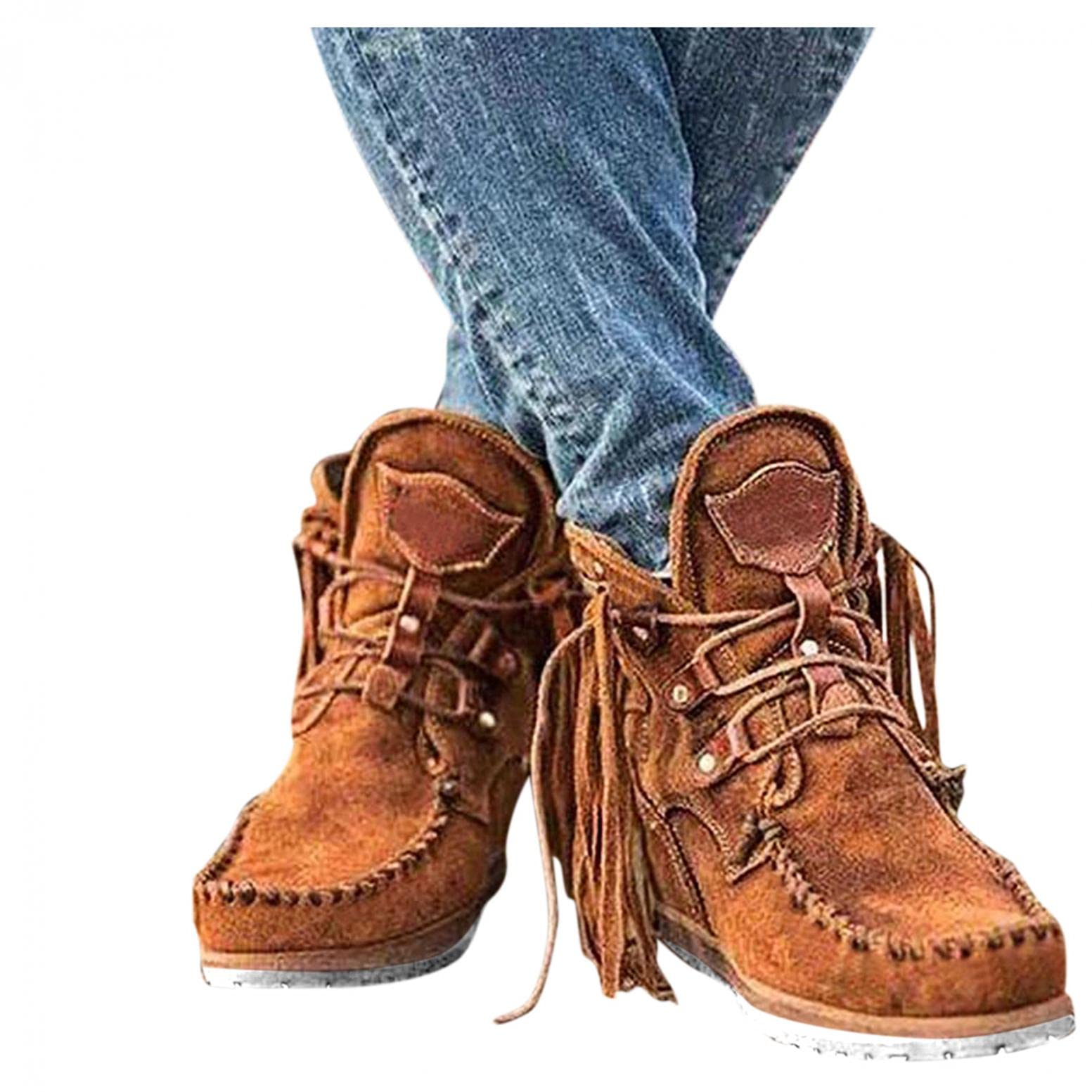 Kaitobe Women's Cowboy Boots - Fringe Suede Flat Round Toe Ankle Boots for Winter | Western Style, Casual & Country Wear