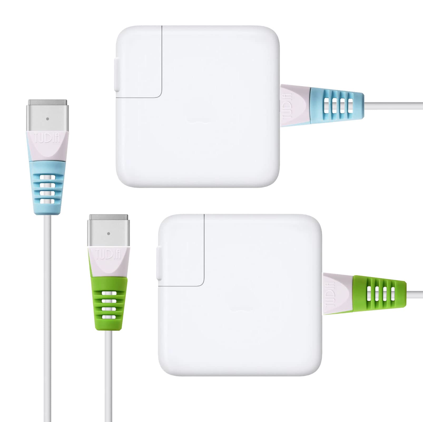 TUDIA Klip 4-Piece Snap-On Charging Cable Protector for MacBook MagSafe 2 Power Adapter - Blue & Green | Prevents Cable Damage, Extends Charger Lifespan | Perfect for Home, Office & Travel Use