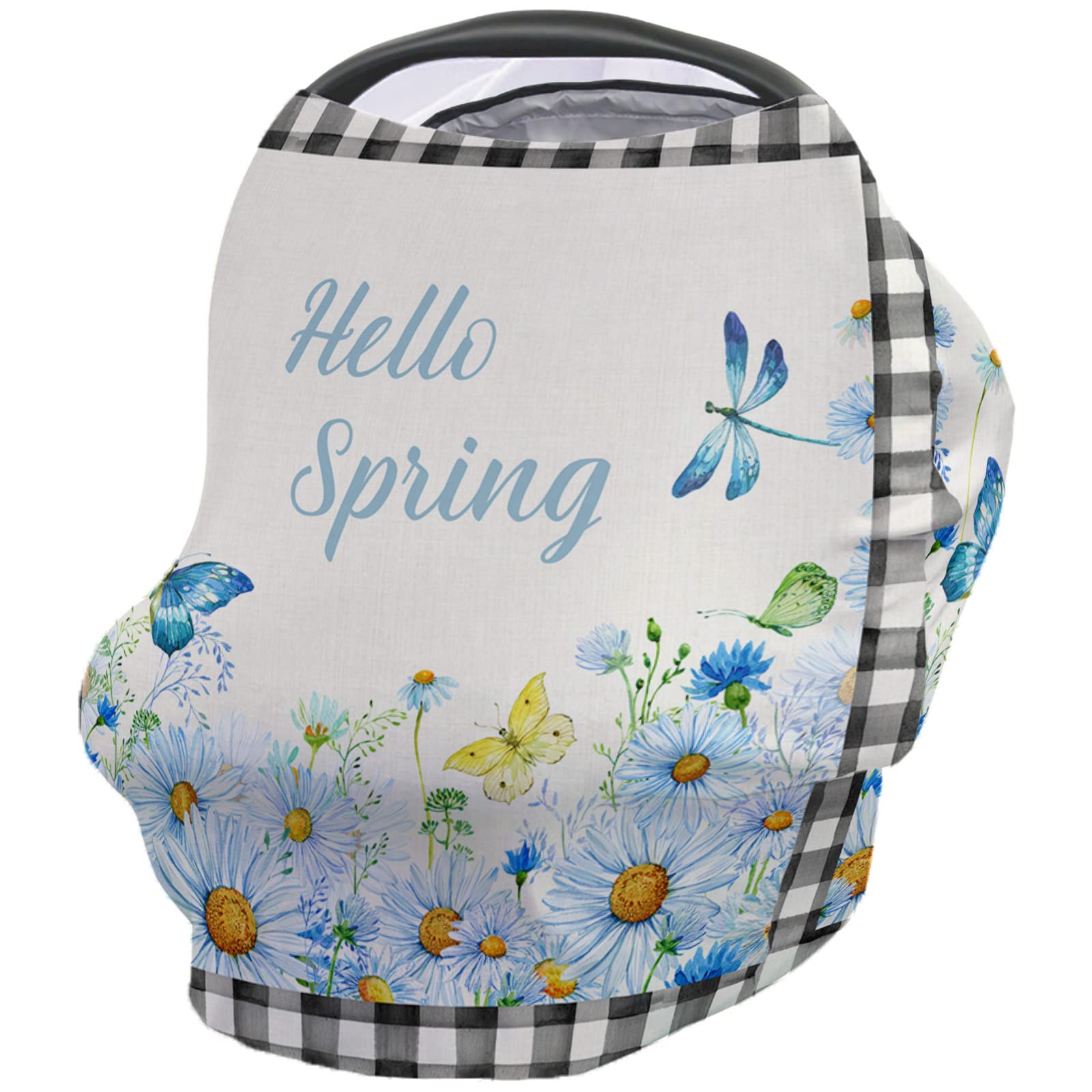 Breastfeeding Cover Scarf for Baby - Soft Stretchy Nursing Poncho with Farmhouse Daisy Floral Plaid & Buffalo Check Patterns - Multi-Use as Car Seat Cover, Stroller Cover & Privacy Nursing Blanket (Black/White) - Perfect for Nursing Moms On-The-Go, Shopping & Outdoor Activities