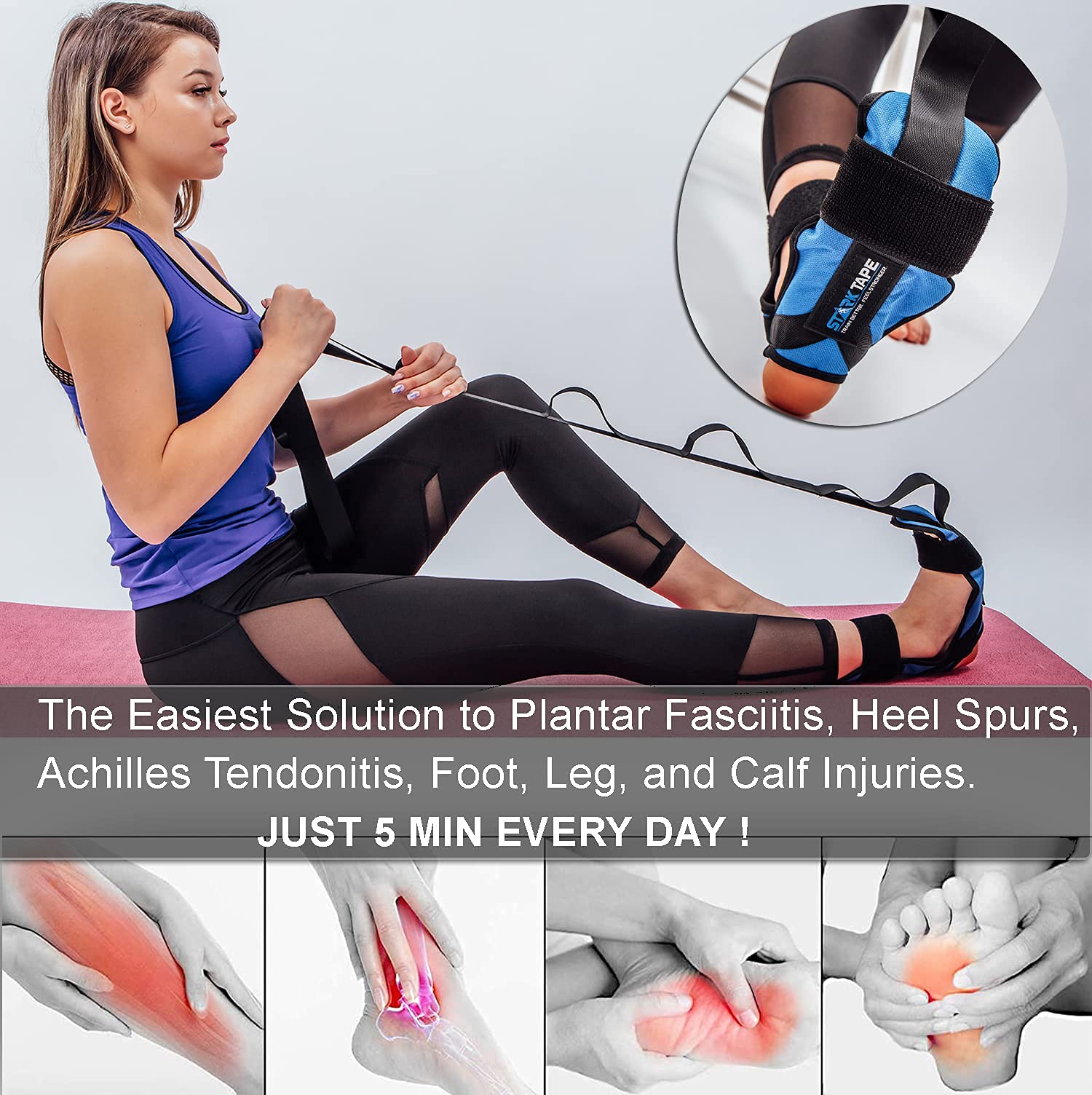 Premium 5-Piece Resistance Bands Set with Foot Stretcher - Professional Elastic Exercise Bands for Physical Therapy, Strength Training, Yoga & Pilates | Ideal for Home Workouts, Plantar Fasciitis Relief & Leg Rehabilitation