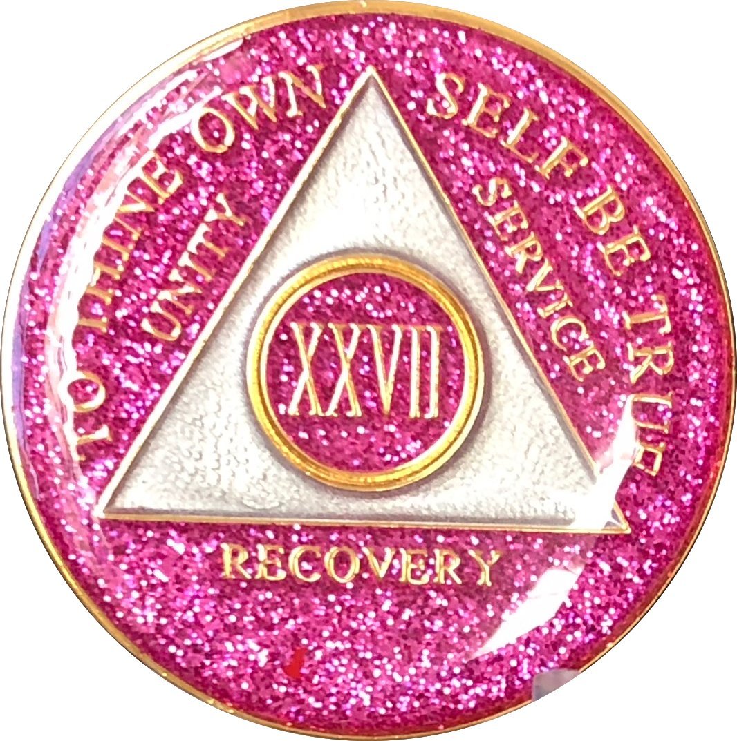 27 Year AA Medallion Glitter Pink Tri-Plate Chip XXVII - Commemorative Collectible for Anniversary Gifts, Special Events & Casino-Themed Parties