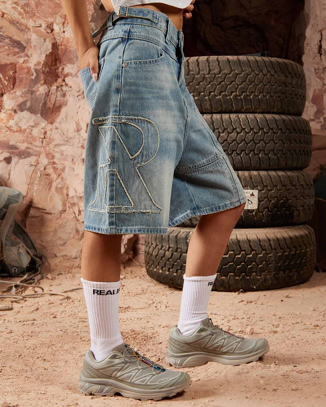 SSS Realism Vivant Denim Shorts - Washed Blue Distressed High Waisted Women's Jeans Shorts for Summer Casual Wear and Beach Outfits