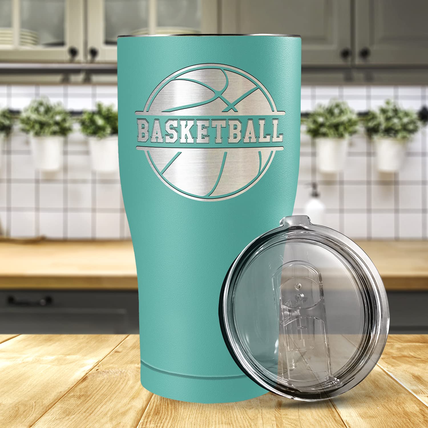 Laser Engraved Basketball Design 27oz Stainless Steel Tumbler with Lid - Insulated Seafoam Green Cup for Hot & Cold Drinks - Perfect Basketball Gift for Players & Fans