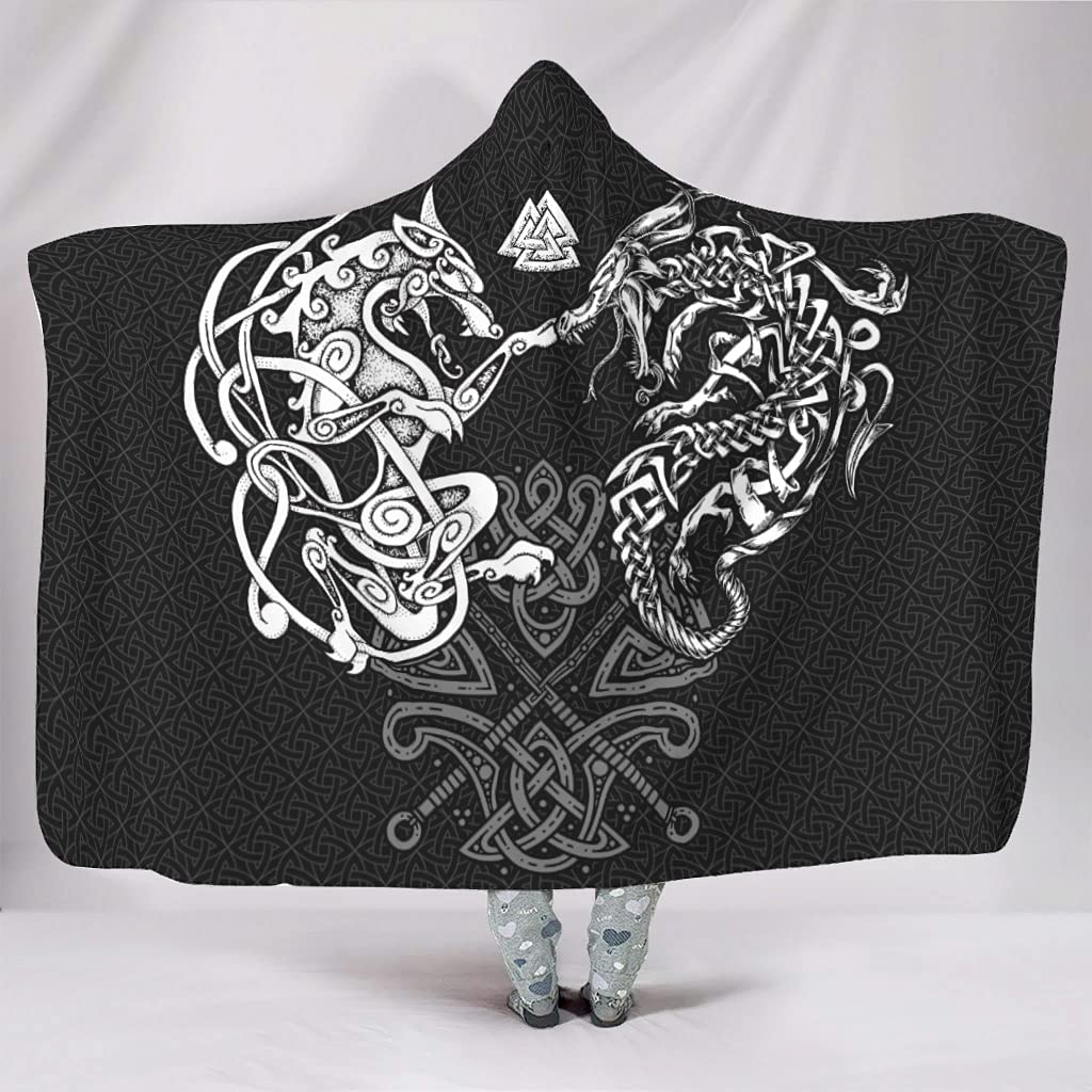 Viking Wolf Dragon Hooded Blanket - Super Soft Warm Sherpa Fleece Wearable Blanket for Adults & Kids (60x80 Inches, White) - Cozy for Movie Nights, Camping, and Winter Lounging