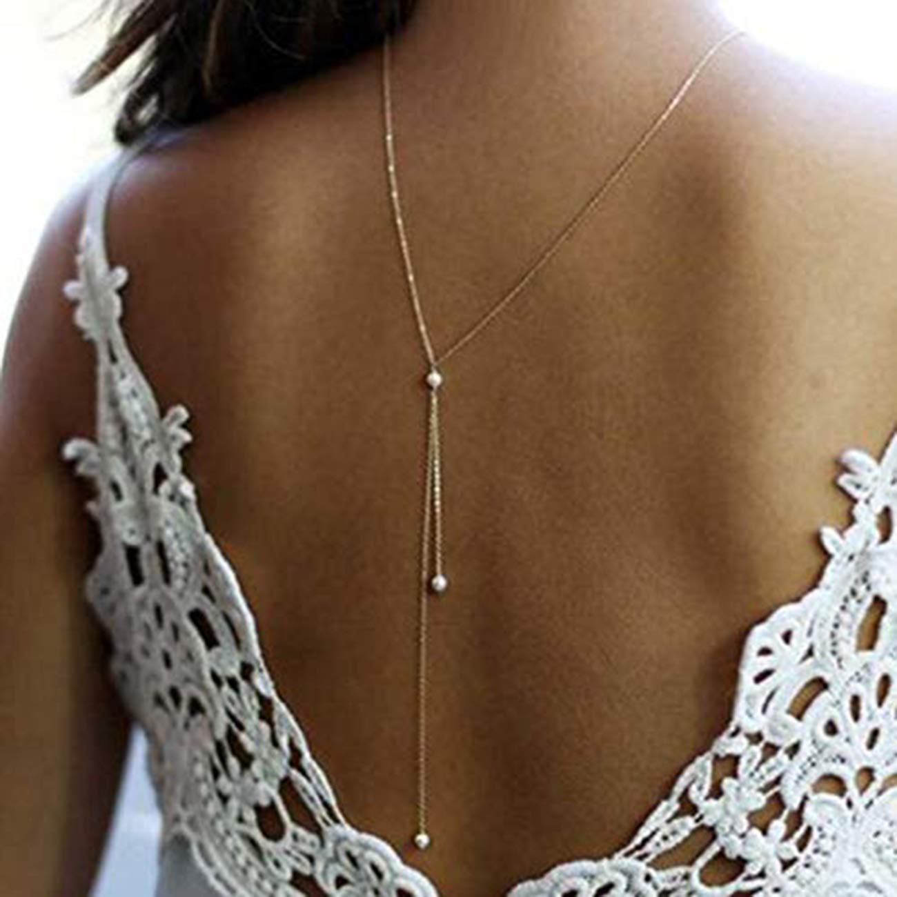 Elegant Pearl Back Chain Necklace for Women - Silver Bridal Wedding Jewelry, Perfect for Brides, Prom, and Special Occasions