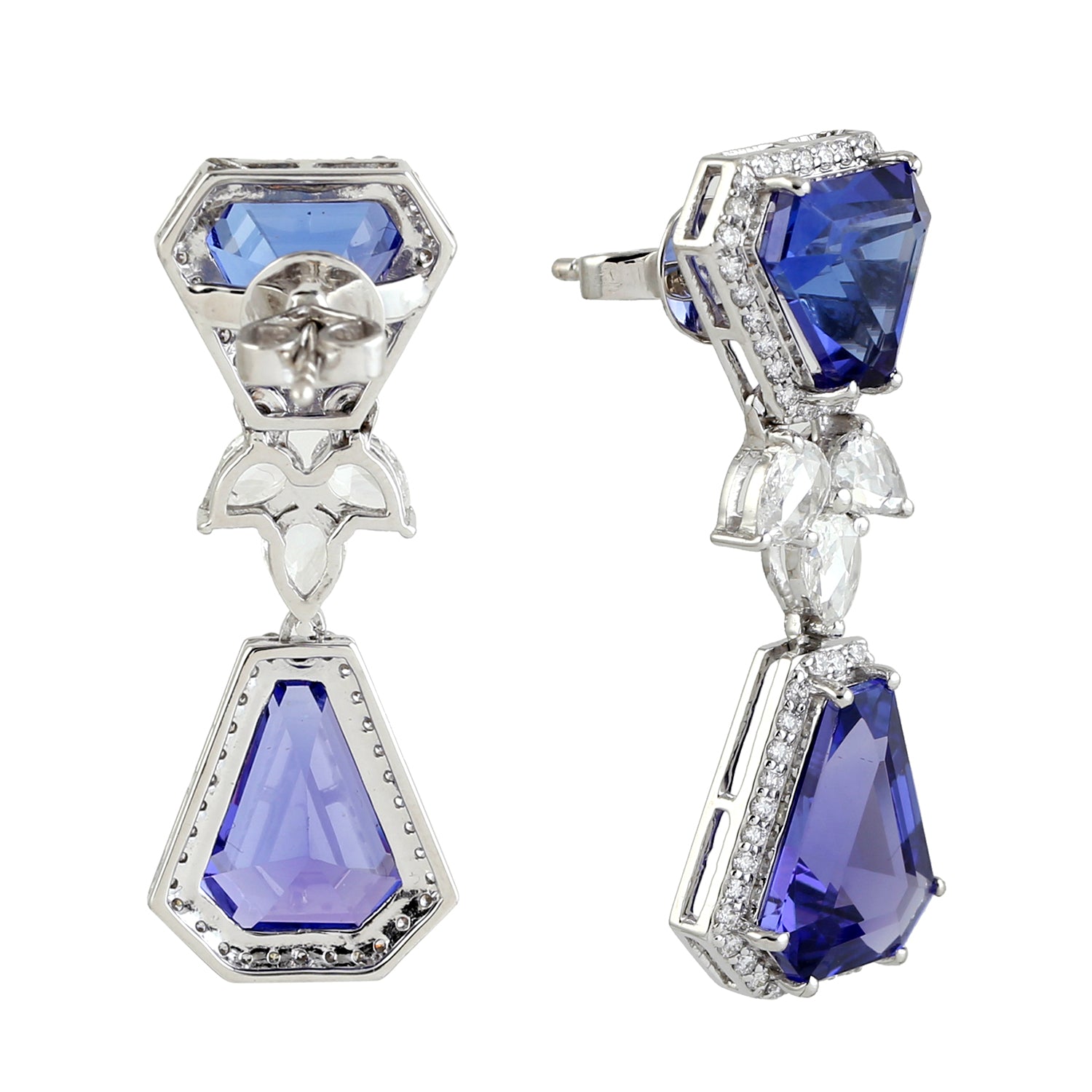 Hexagon Tanzanite Rose Cut Diamond Earrings in 18K White Gold - Elegant Dangle Earrings for Women | Perfect for Weddings, Parties & Special Occasions