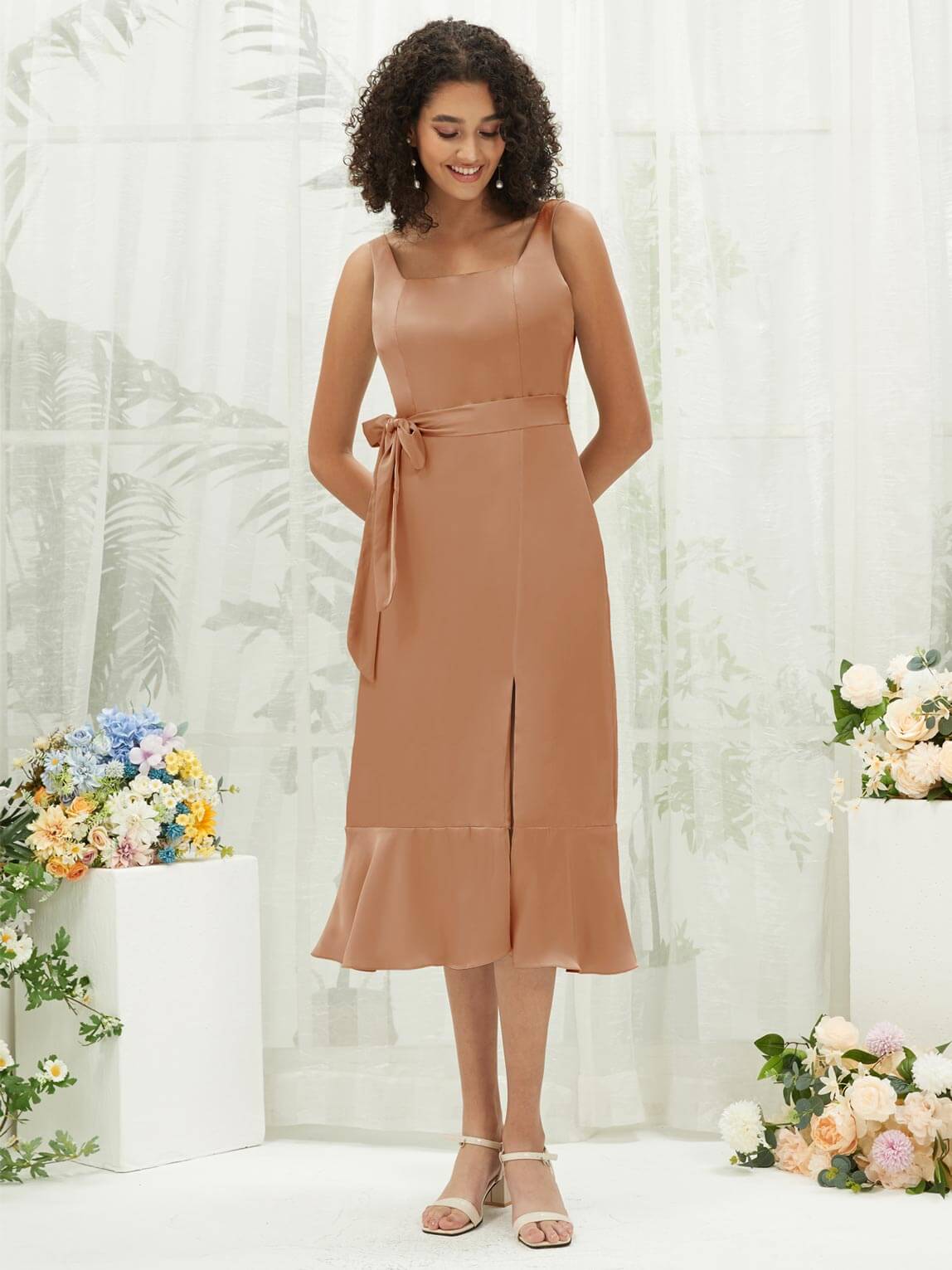 Silk Satin Bridesmaid Dress - Square Neck, Slit & Tea Length Convertible Design for Weddings, Parties & Special Occasions