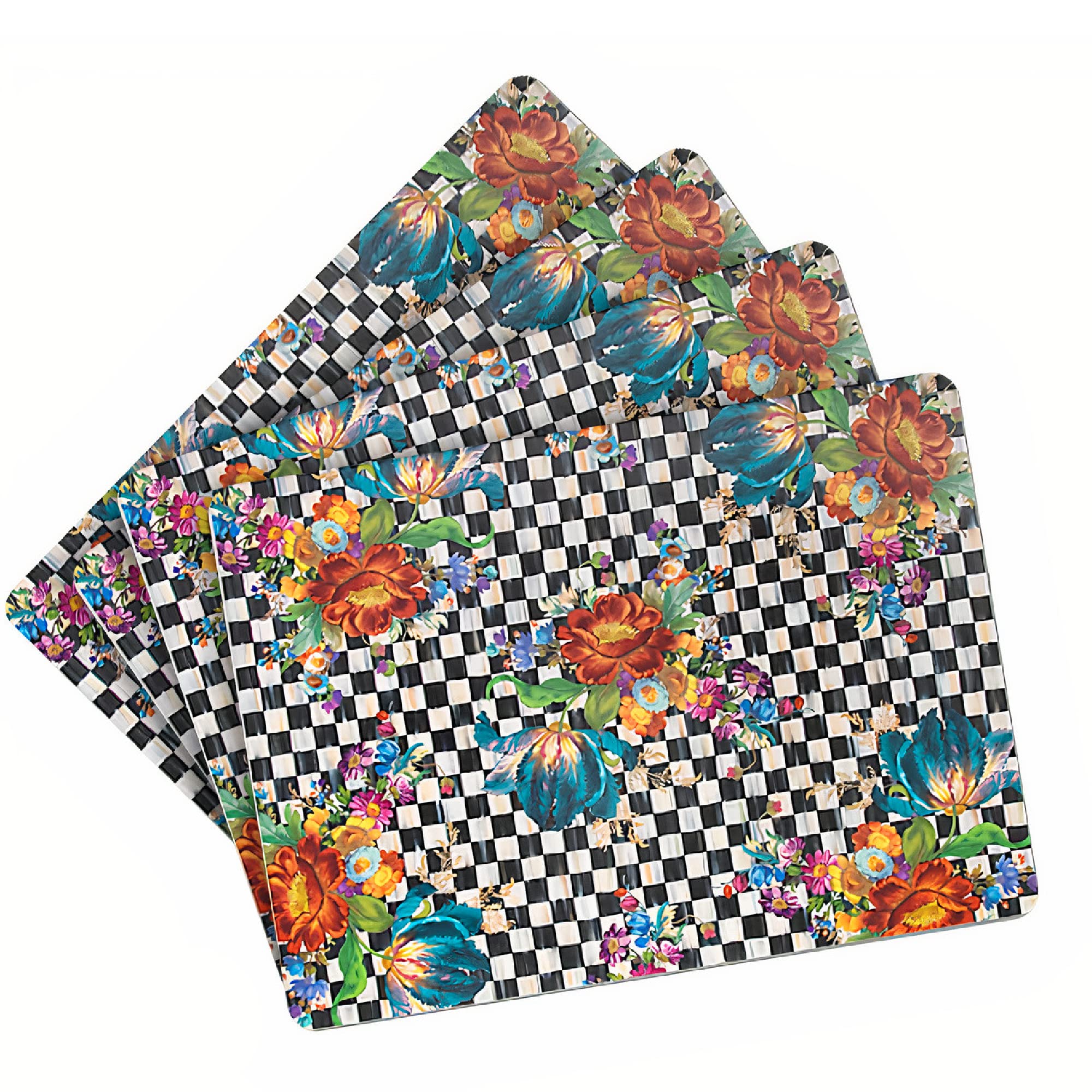 MacKenzie-Childs Courtly Flower Market Cork-Back Placemats Set of 4 - Waterproof & Heat-Resistant Table Mats for Dining, Kitchen, and Outdoor Use