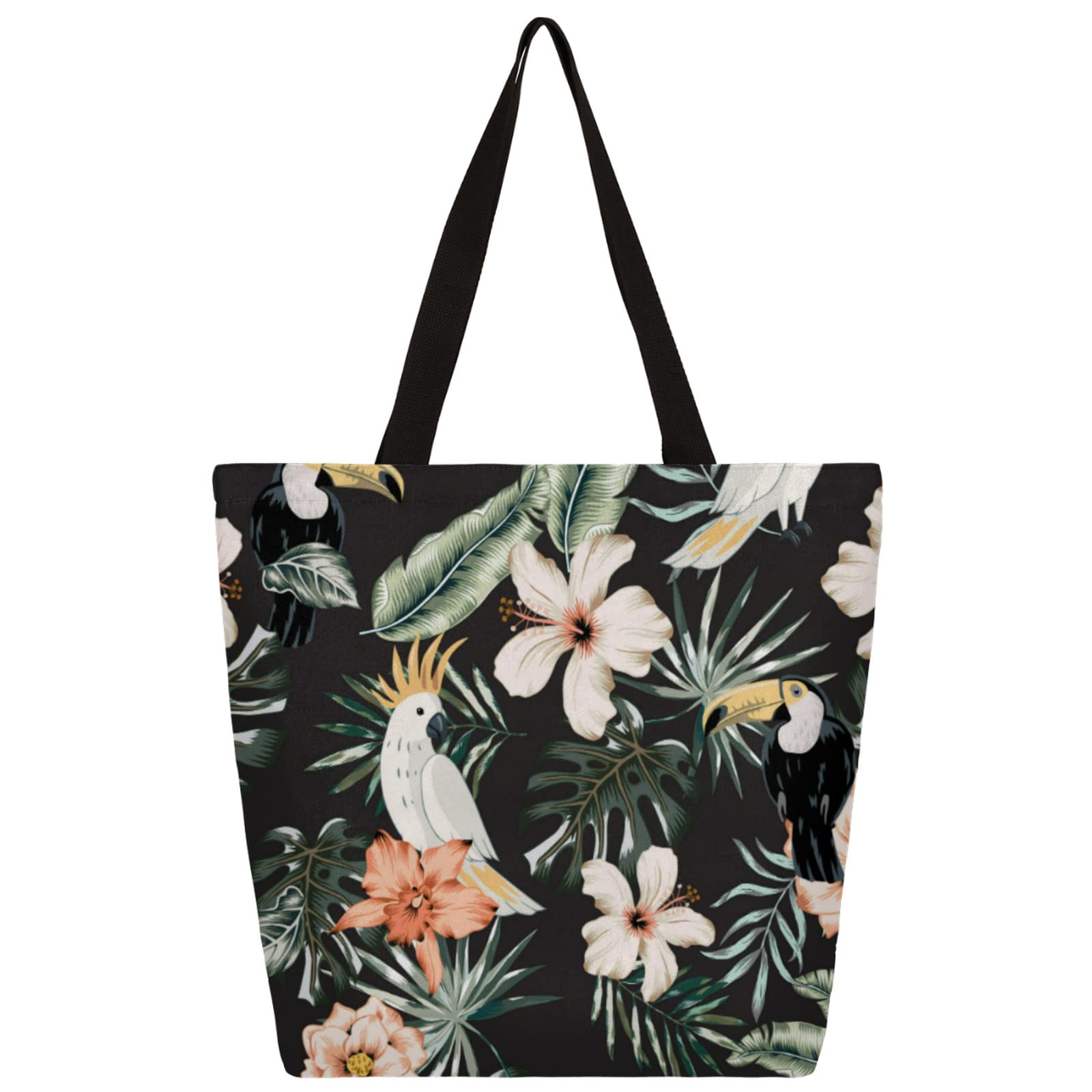 Floral Parrot Canvas Tote Bag for Women - Reusable Heavy Duty Grocery Shopping Bag with Inner Pocket - Perfect for Beach, School, Work & Gym - Durable Shoulder Bag with Flower Leaf Design