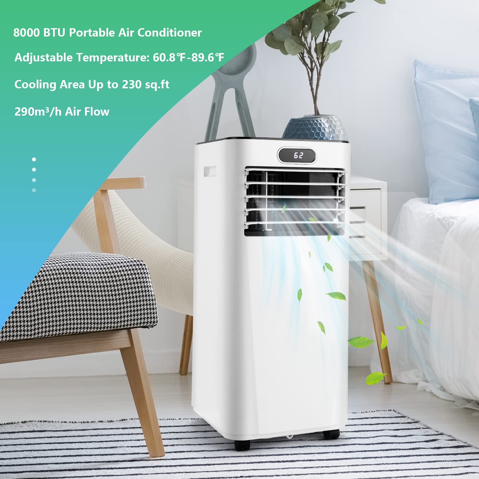 ARLIME 8000 BTU Portable Air Conditioner - Cools 230 Sq. Ft, 2-Speed Fan & Dehumidifier with Child Lock, 24H Timer, LED Display - Perfect for Living Room, Bedroom, Office & Small Spaces (Ideal for Summer Cooling & Year-Round Comfort)
