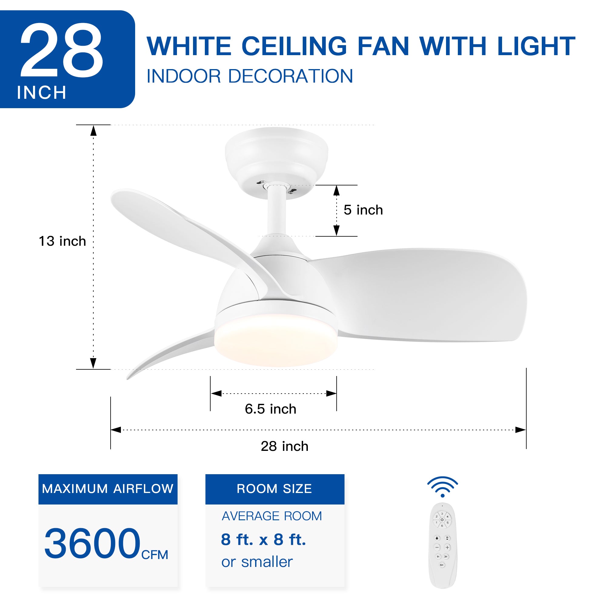 28 Inch Integrated LED Ceiling Fan with White ABS Blades - Energy Efficient Cooling & Lighting for Bedroom, Living Room, and Office Spaces