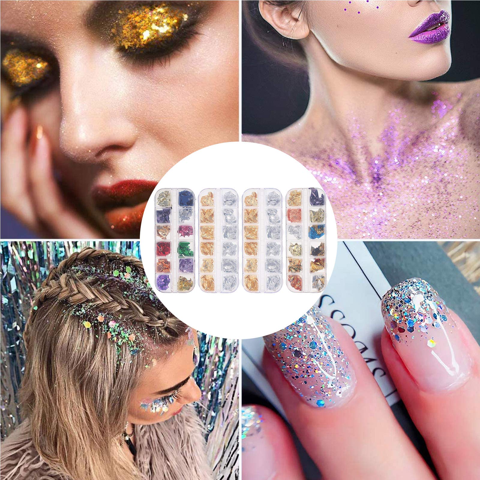 4 Boxes DIY Nail Art Foil Decorations - Metallic Glitter Sequins for Manicure & Nail Art Design - Perfect for Home Salon, Parties, and Special Occasions