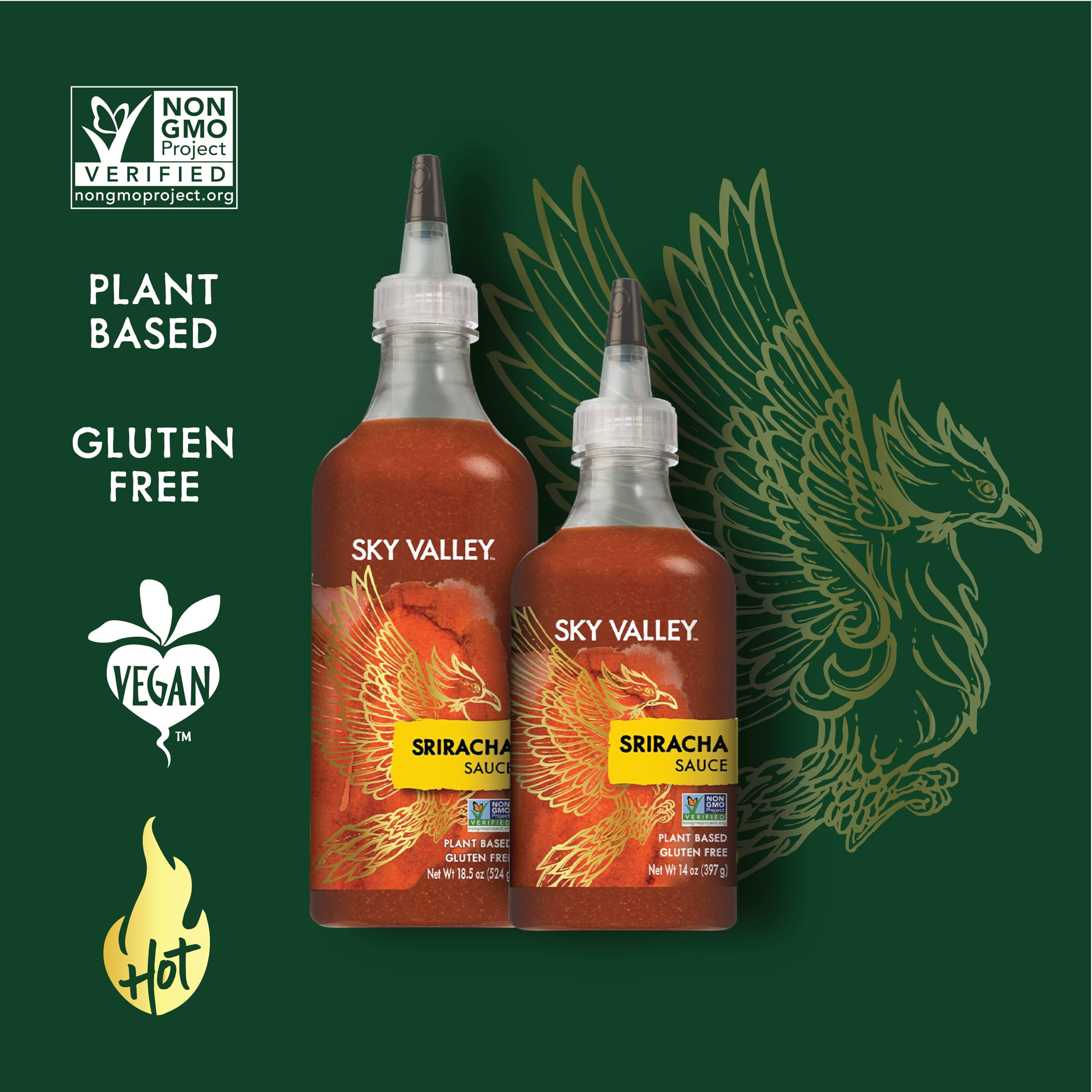 Sky Valley Sriracha Hot Sauce - Vegan, Gluten Free, Non-GMO Chili Sauce with Red Jalapeno Peppers - Only 5 Calories & Less Than 2g Sugar per Serving (18.5 oz) - Perfect for Tacos, Burgers, Wings & Asian Dishes