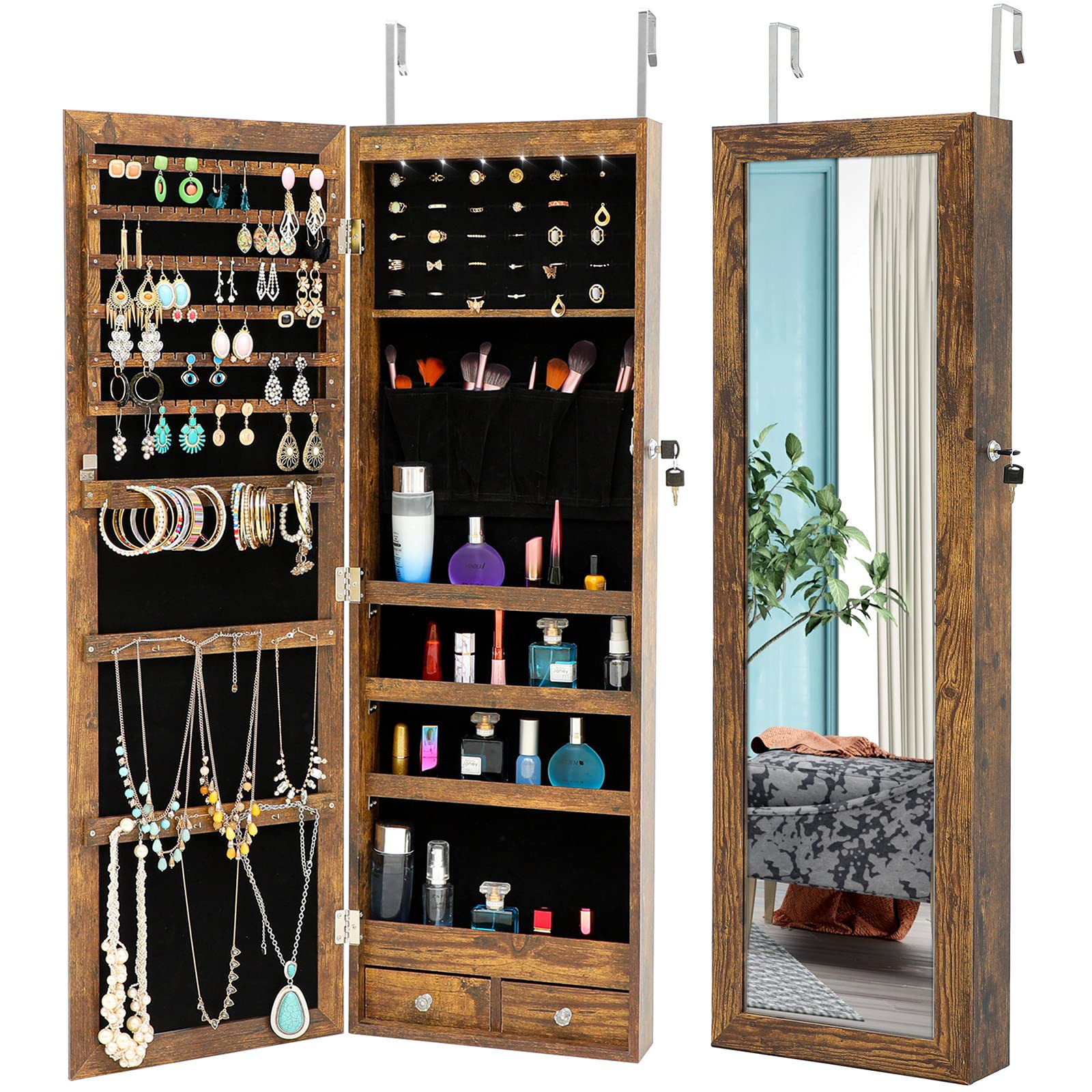 MTFY 6 LED Jewelry Storage Cabinet with Mirror - Lockable Wall/Door Mounted Jewelry Armoire Organizer, Full Screen Display Makeup Box with 2 Drawers (Antique Gray) - Perfect for Bedroom, Closet & Vanity Organization