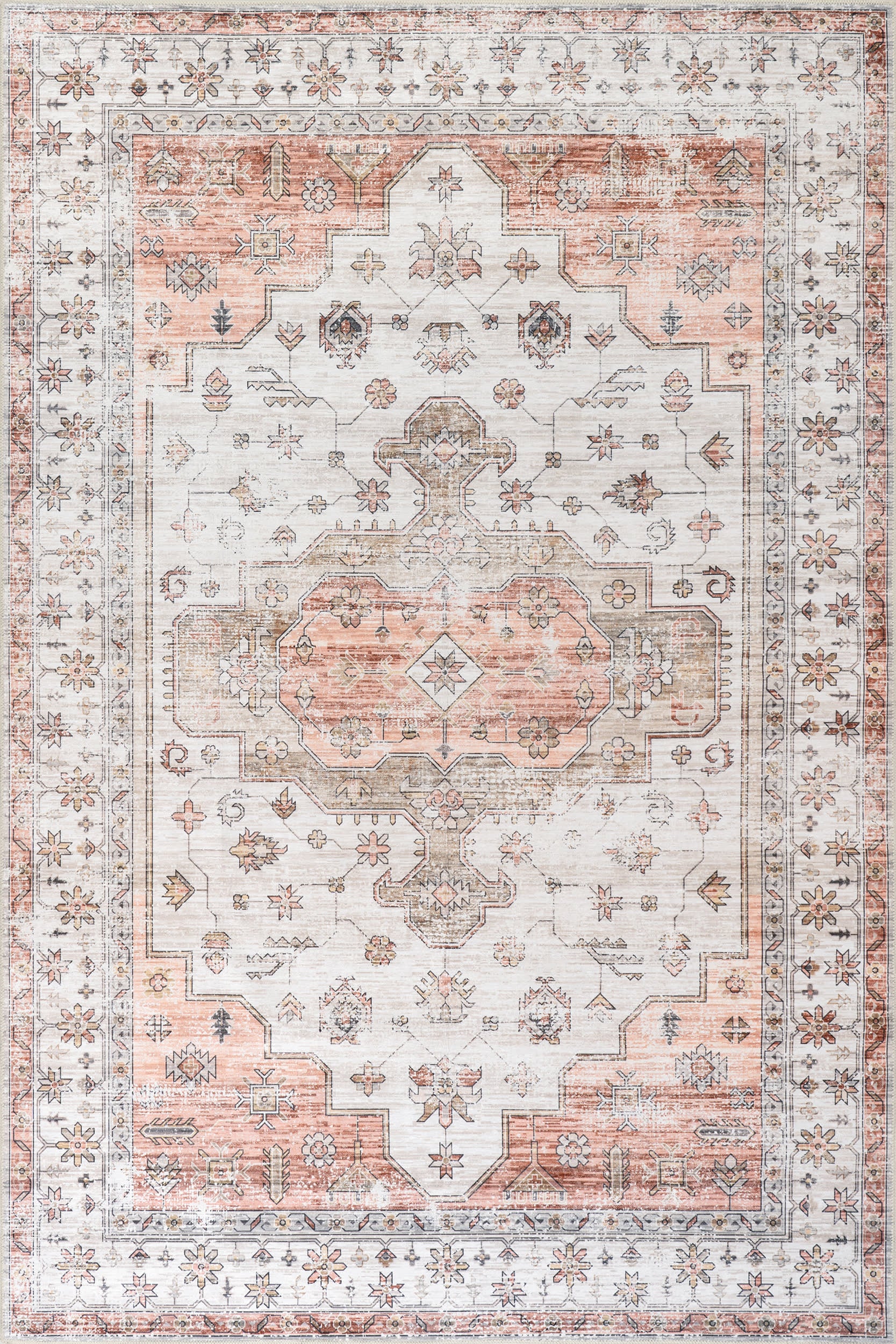 Francis Cartouche Medallion Spill Proof Washable Rug - Beige Non-Slip Area Rug for Living Room, Bedroom & Kitchen | Stain Resistant & Easy Clean Home Decor