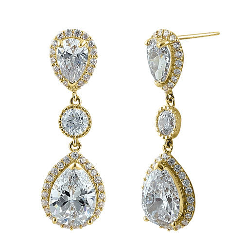 14K Solid Yellow Gold Vintage CZ Dangle Earrings - Elegant Drop Earrings for Women, Perfect for Parties, Weddings & Special Occasions