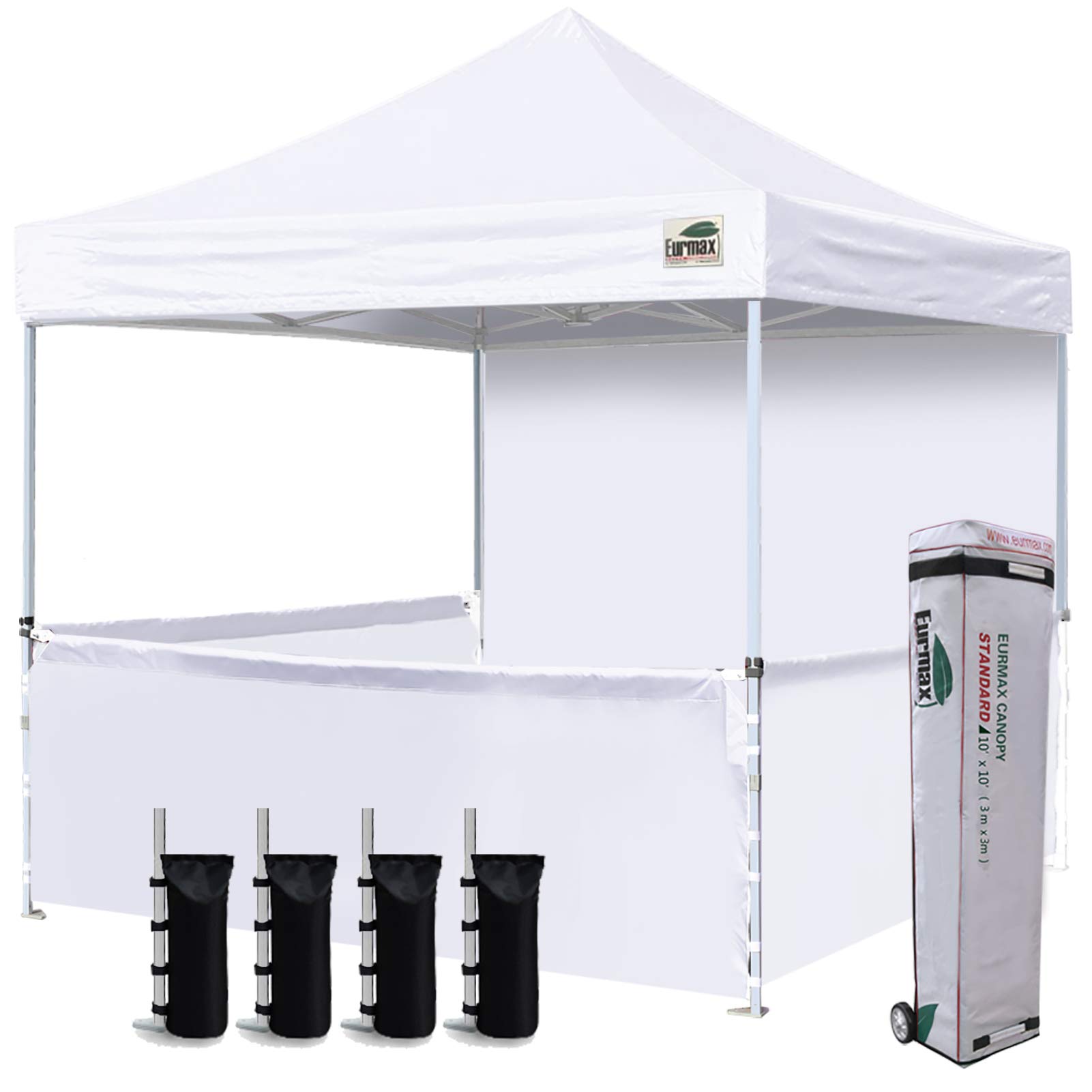 Eurmax 10'x10' Instant Pop-Up Canopy Tent with 1 Full Sidewall & 3 Half Walls - Commercial Grade White Canopy with Roller Bag, 4 SandBags & 3 Cross-Bars - Perfect for Outdoor Markets, Festivals, and Trade Shows