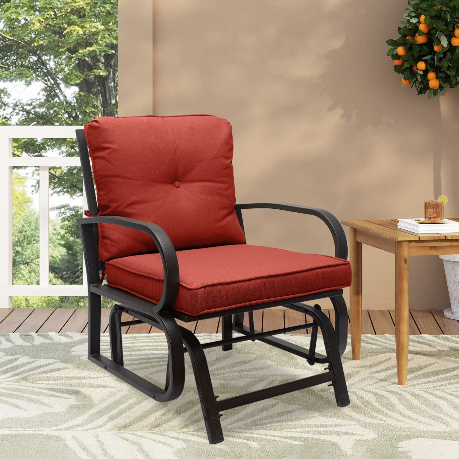 Outdoor Patio Glider Chair with Comfortable Cushion - Steel Frame Rocking Chair for Garden, Backyard, Porch - Weather-Resistant Patio Furniture (Red) - Perfect for Relaxing, Lounging & Enjoying Outdoor Spaces