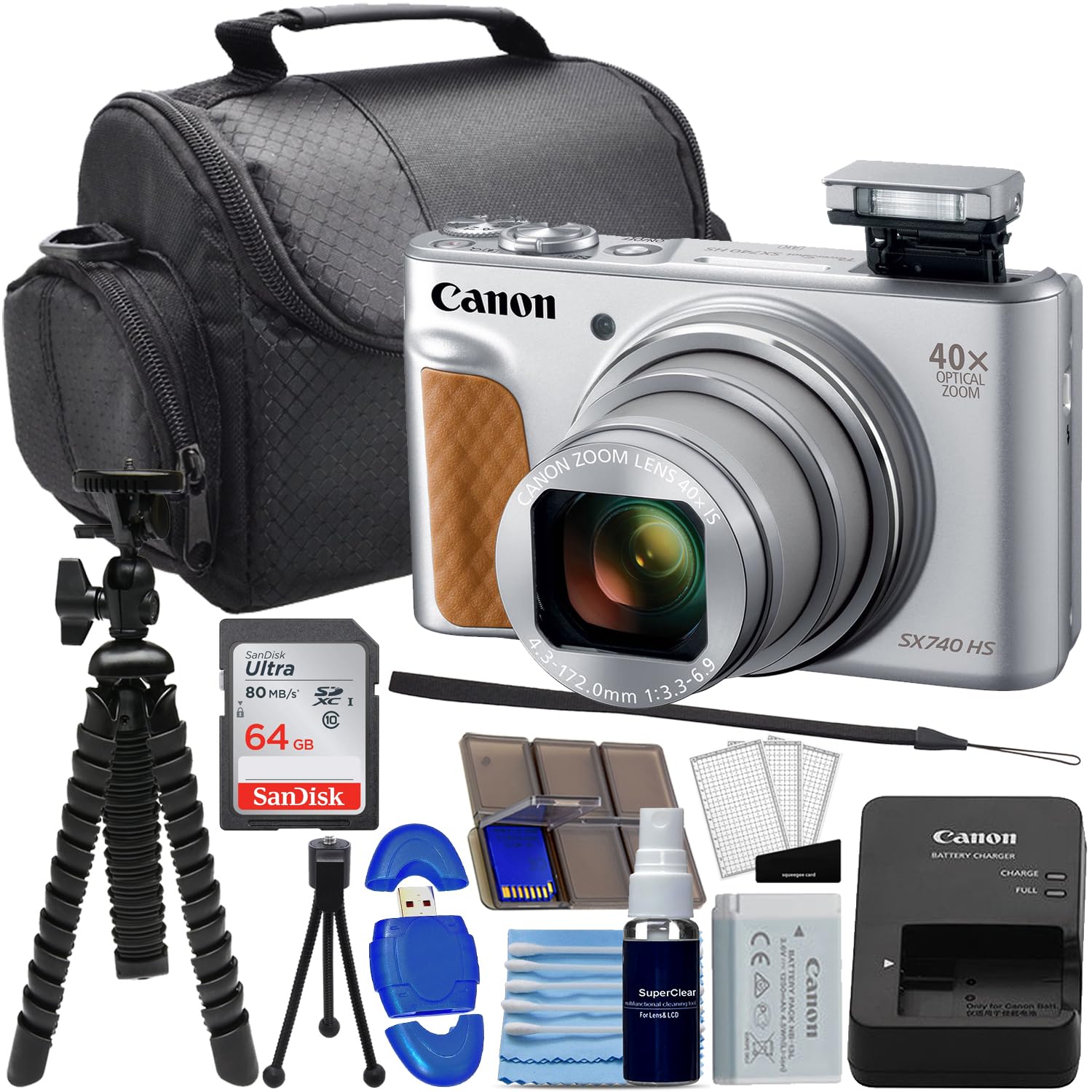 Canon PowerShot SX740 HS 20.3MP Digital Camera with 40x Optical Zoom - Silver (Renewed) + SanDisk 64GB Memory Card, 12