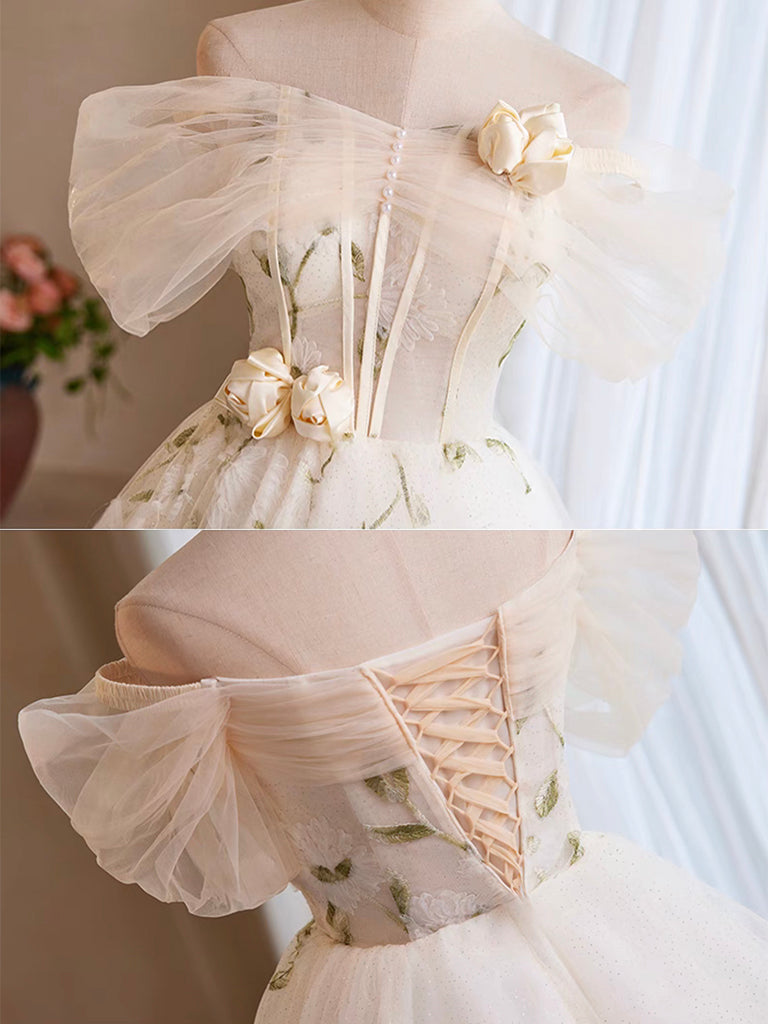 Elegant A-Line Tulle Off-Shoulder Lace Short Prom Dress in Light Champagne - Perfect for Homecoming, Cocktail Parties & Special Occasions