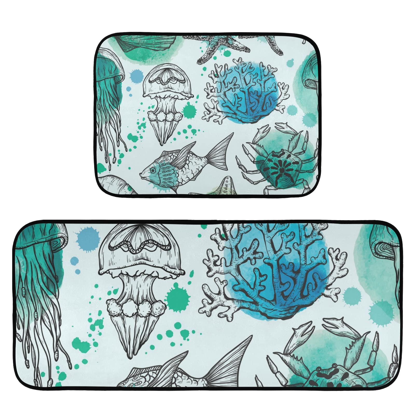 Premium Anti-Fatigue Kitchen Mat Set of 2 - Non-Slip Waterproof Floor Mats with Sea Shells & Coral Design for Sink Area | Home Decor Standing Mats for Comfortable Cooking & Dishwashing