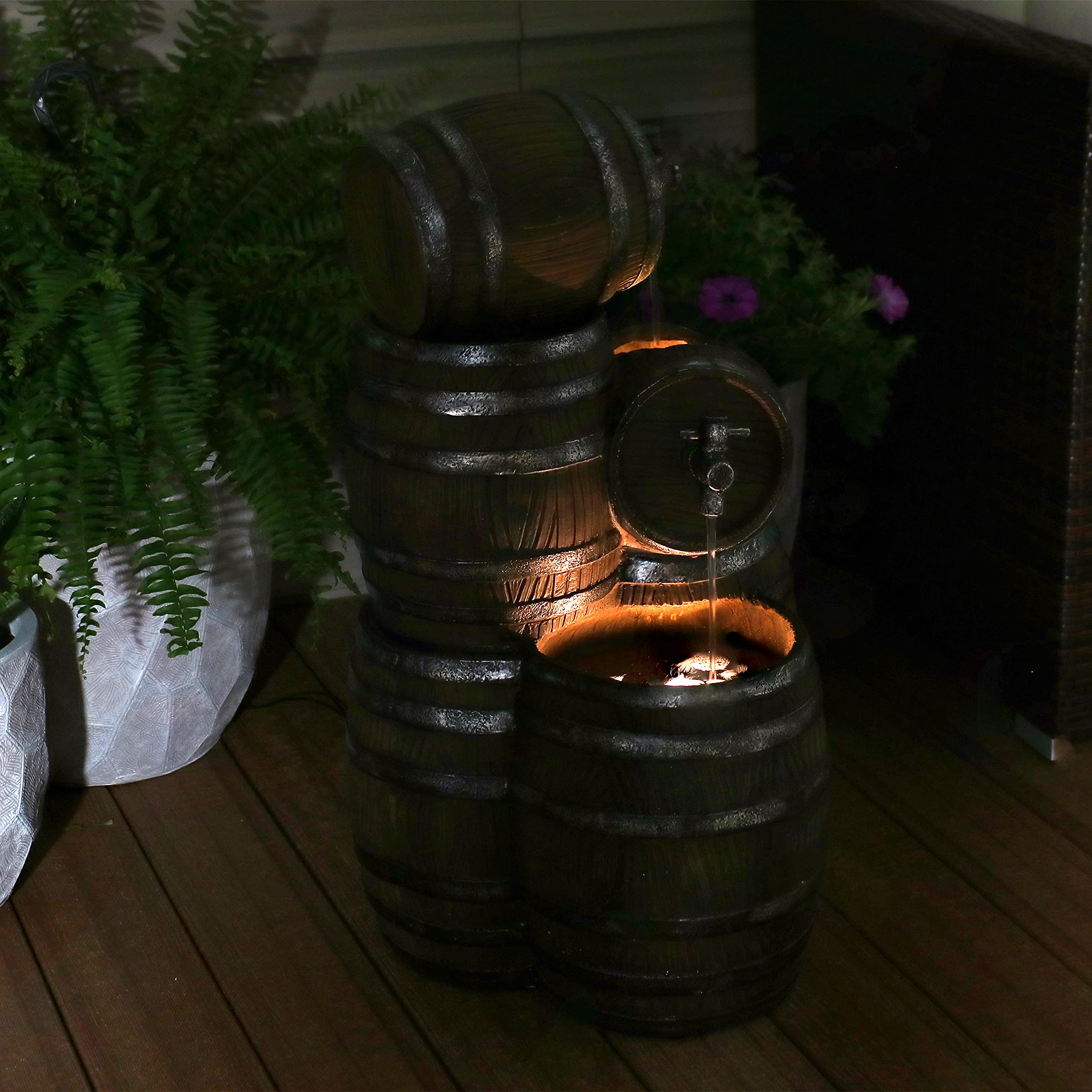 Sunnydaze 29-Inch Whiskey Barrel Outdoor Water Fountain with LED Lights & Adjustable Flow Electric Pump - Perfect for Garden, Patio, and Backyard Decor